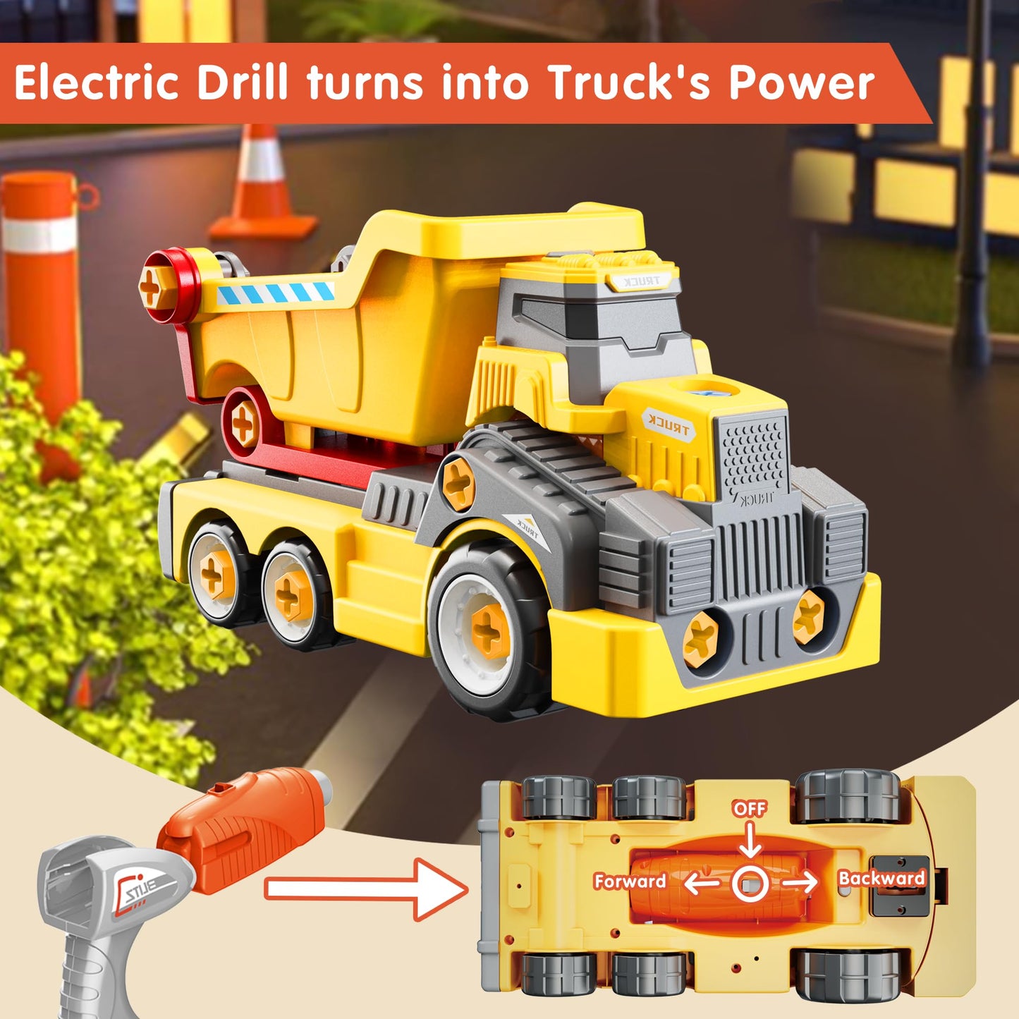 EKU EASYKU 11inches Large Take Apart Construction Toys Dump Trucks for Boys Girls Kids 3-5 6-8 Year Old Electric Drill Set Assembly Building Toys Learning Toys