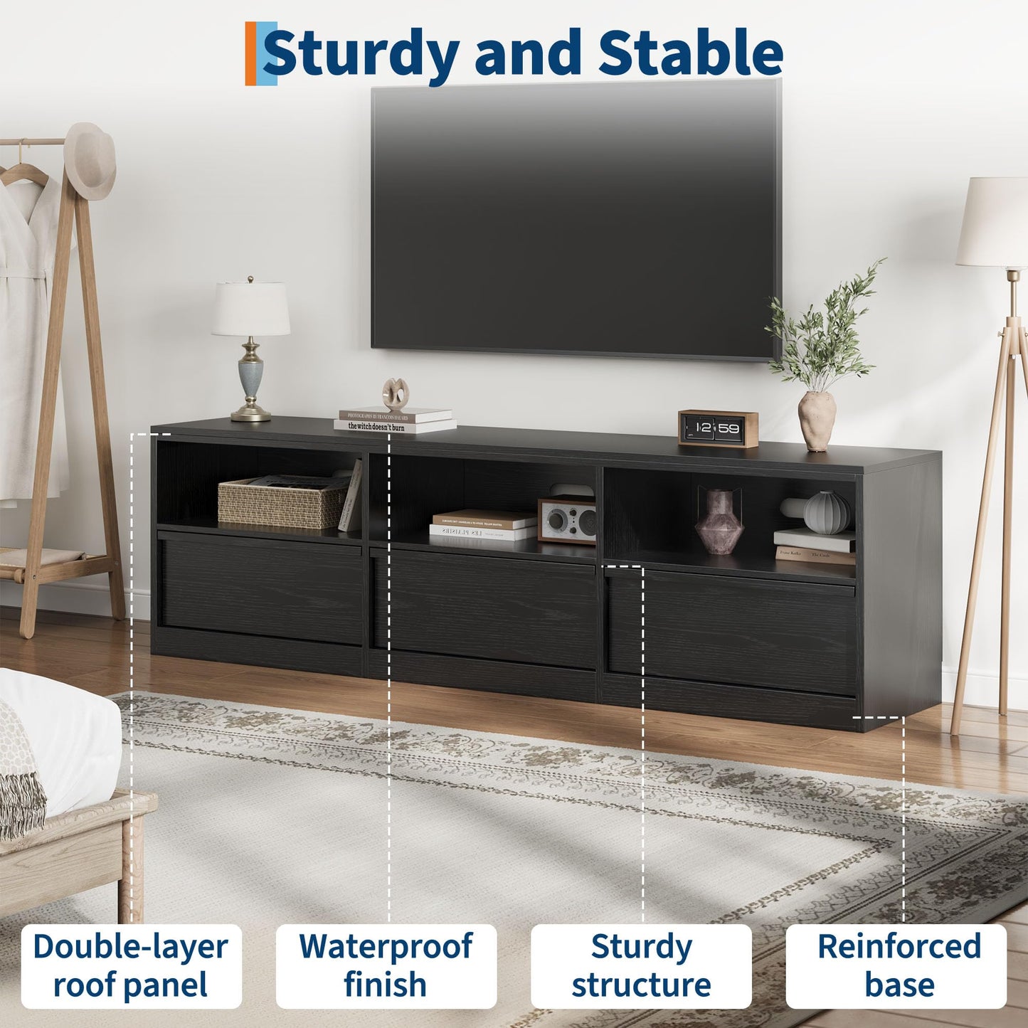 IDEALHOUSE 70 inch TV Stand for 80" TVs, Mid Century Modern Entertainment Center with Storage Drawer & Open Shelves, Wood Media Console Cabinet for Living Room/Bedroom, Black