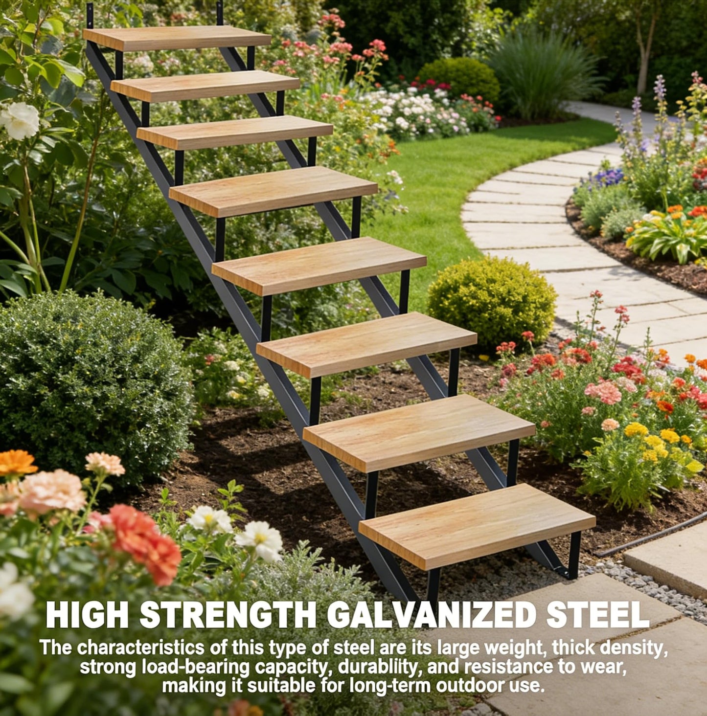 2 Packs Black Metal Stair Step Stringers, 9-Step for Deck Height 72 Inches Stair Stringer for Outdoor Wooden Tread