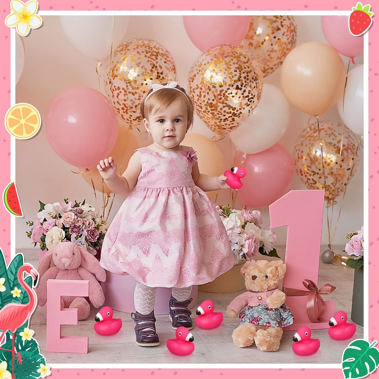 Honoson 50 Pcs Flamingo Rubber Duckies Bulk Pink Flamingos Party Favors Bath Toy Pool Floating Squeak Rubber Ducks for Birthday Party Decoration Baby Shower Cake Decoration Classroom Prizes