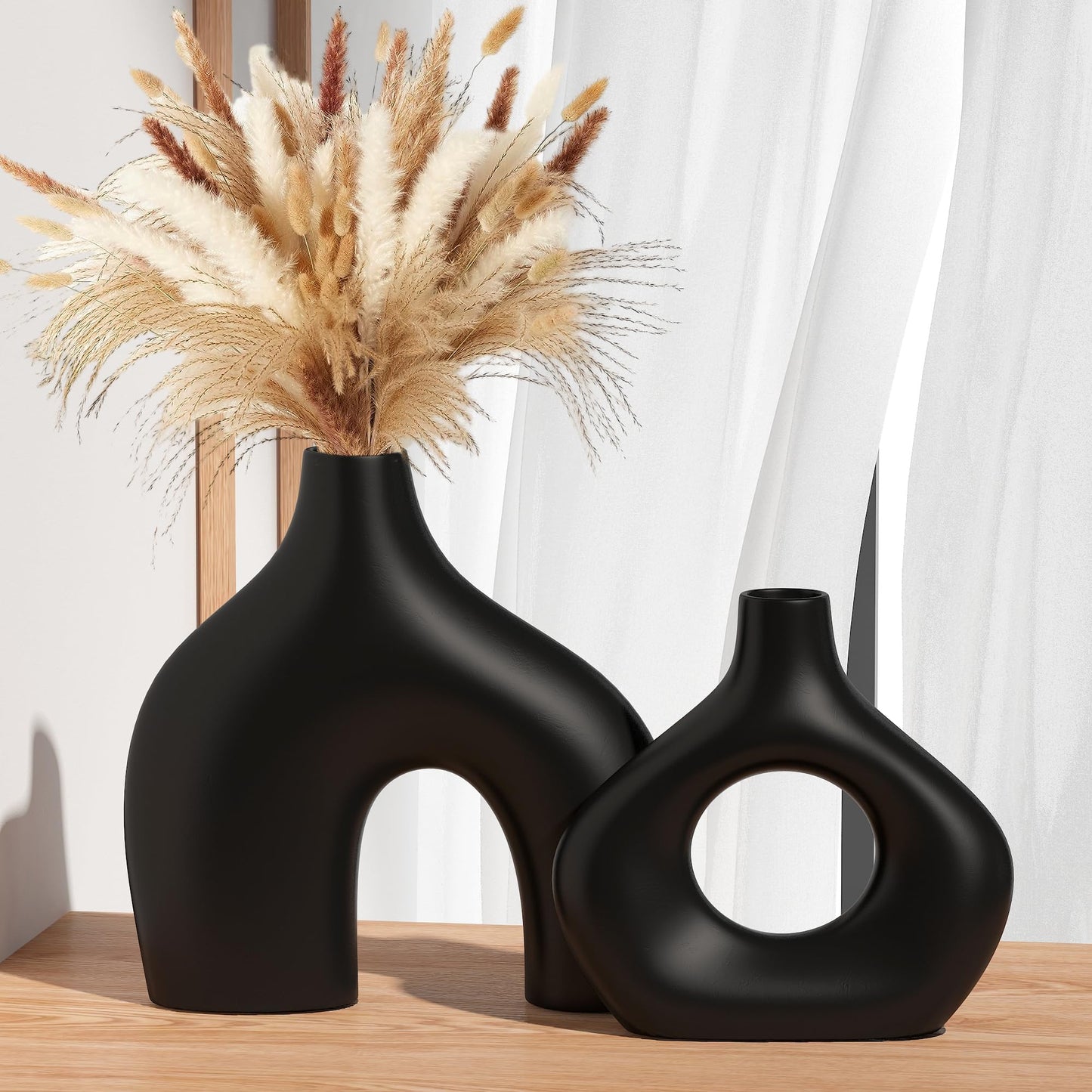 White Ceramic Vase Set of 2, Pampas Grass Vases for Home Decor, Round Matte Boho Vases for Flowers, Nordic Minimalism Style vase for Living Room Bedroom Shelf Decor