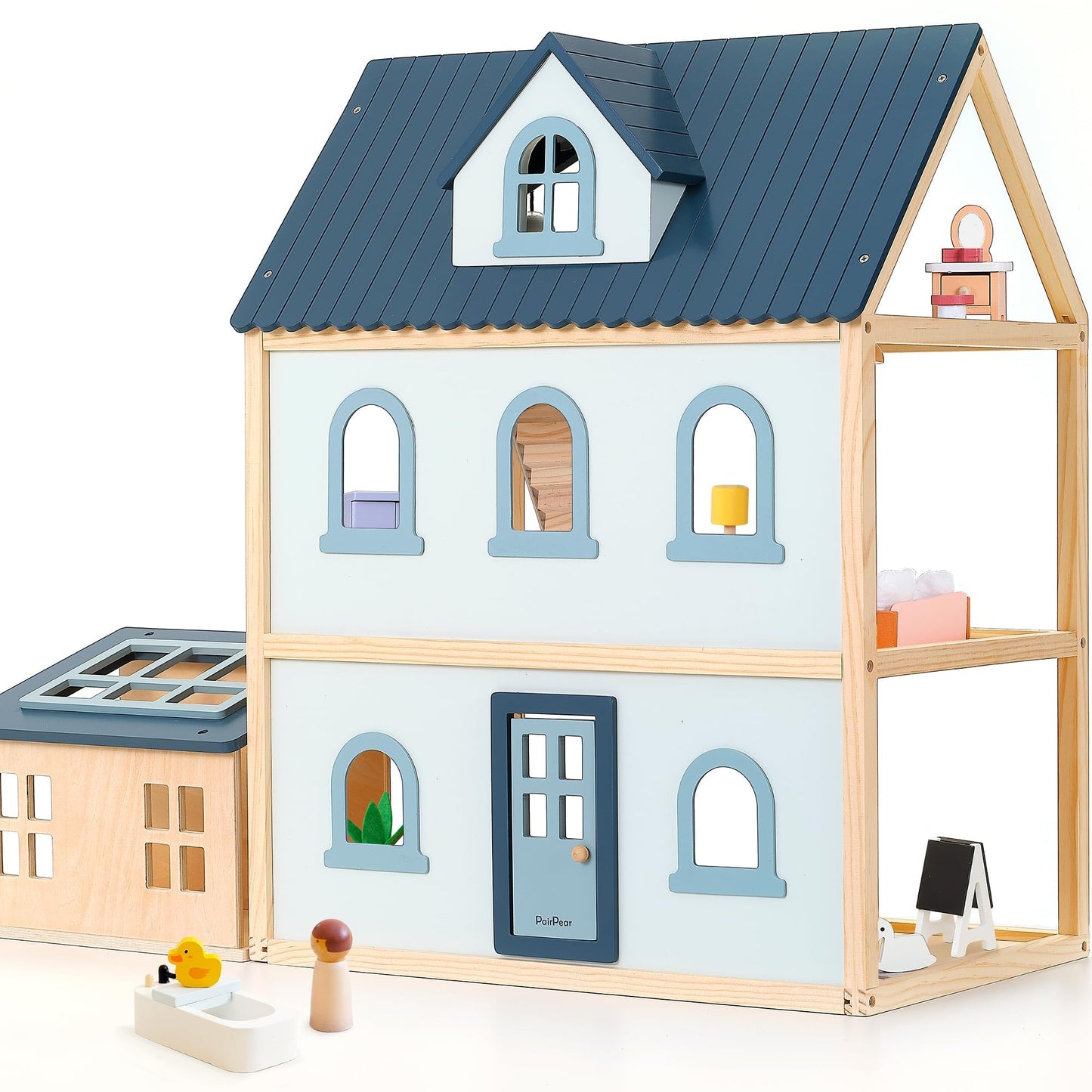PairPear Large Wooden Dollhouse, 3 Story Play House with 64 Pieces Furniture Accessories & Garage, Pretend Play Family Dollhouse Gift for Kids 3+