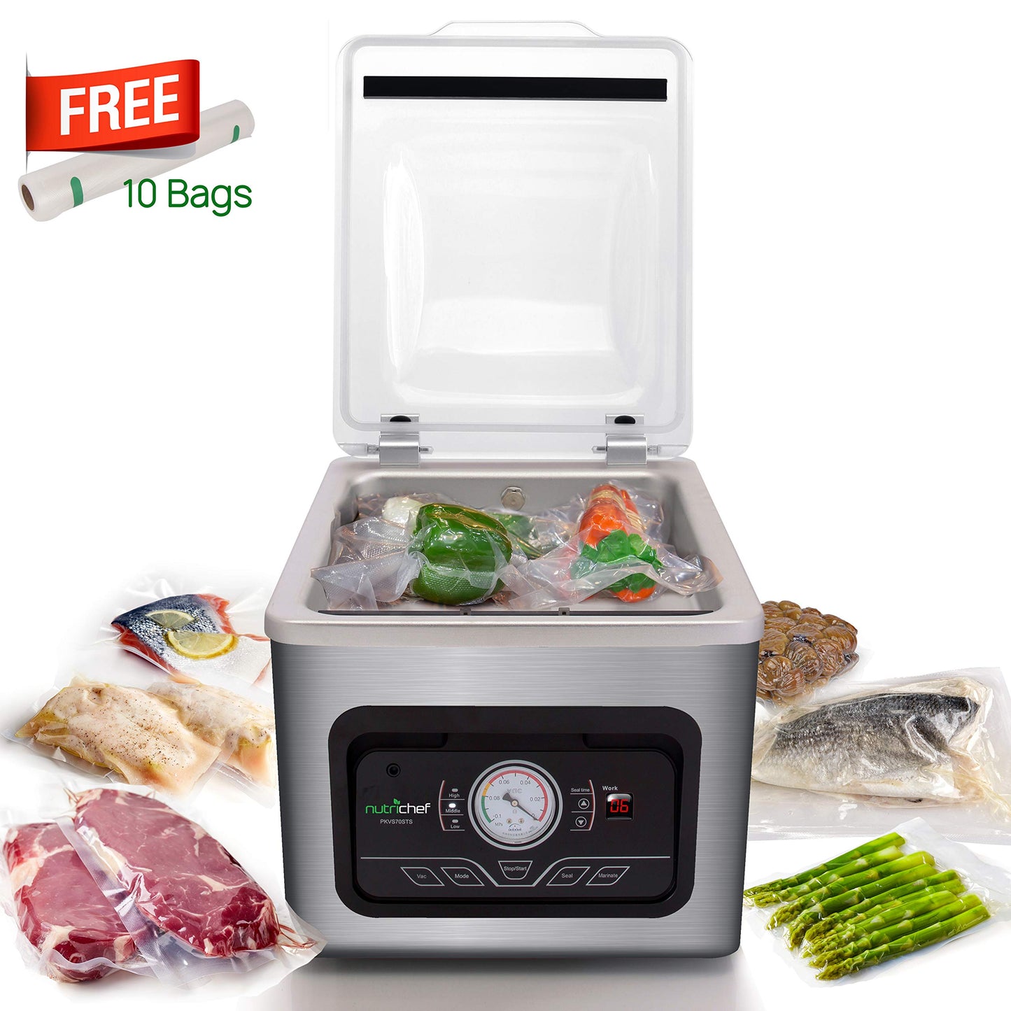 NutriChef 350W Vacuum Sealer Machine - 8L Chamber Commercial Food Sealer, Automatic Meat Packing and Sous Vide System with Digital Control, Includes Vacuum Roll Bags