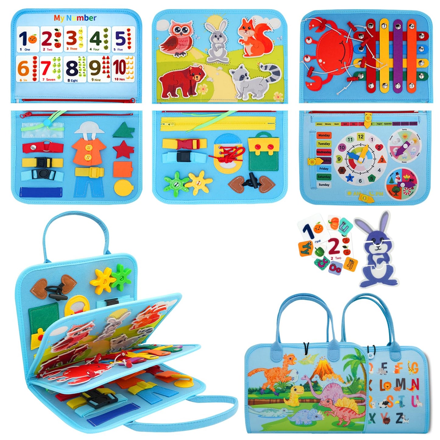 MEGRANATE Montessori Busy Board, Baby Busy Book Educational Learning Toys for Toddlers Quiet Book Activity Books Buckle Toy Fine Motor Skills Toys for 3+ Year Old Kids (Blue)