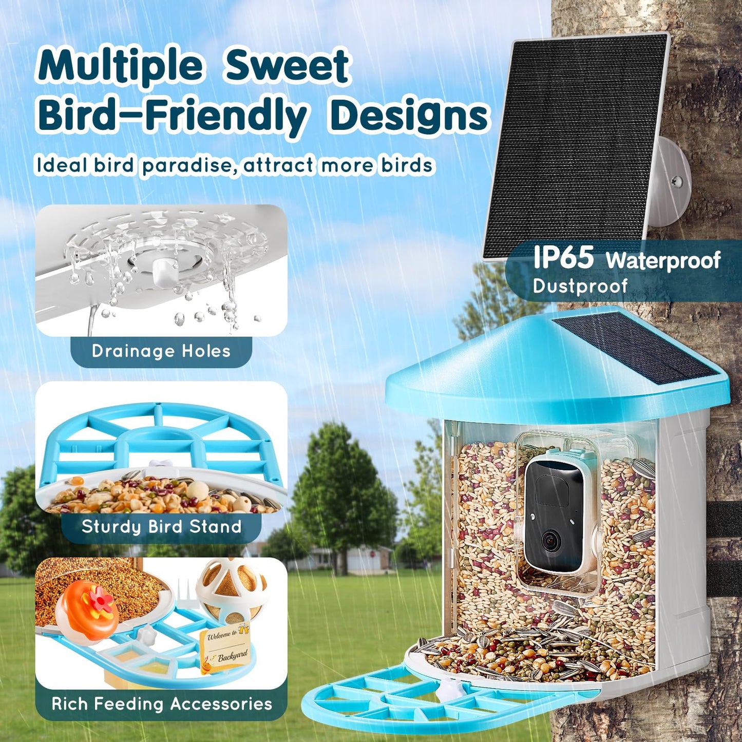 Happybuy Smart Bird Feeder with Camera, 2K HD AI to Identify Over 10000 Bird Species, Solar-Powered with 3 Panels, Auto Capture & Instant Notify for Outdoor Bird Watching, Ideal Gift for Bird Lovers