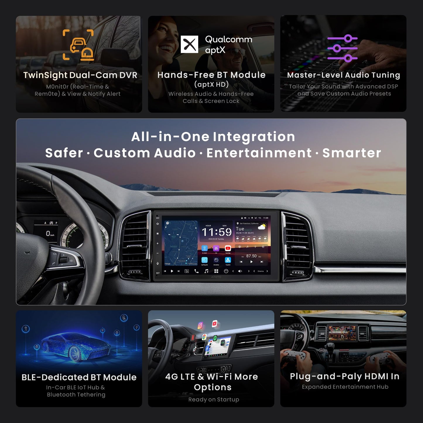 ATOTOZONE 7-Inch Android Double-DIN Car Stereo,AI Agent,7.1.2 Surround Stage,4V RCA, 4G LTE, 8G+128G In-Dash Navi,Optical SPDIF Output,HDMI Input, ADS Protocol,Wireless CarPlay & Android Auto,X10G2B7E