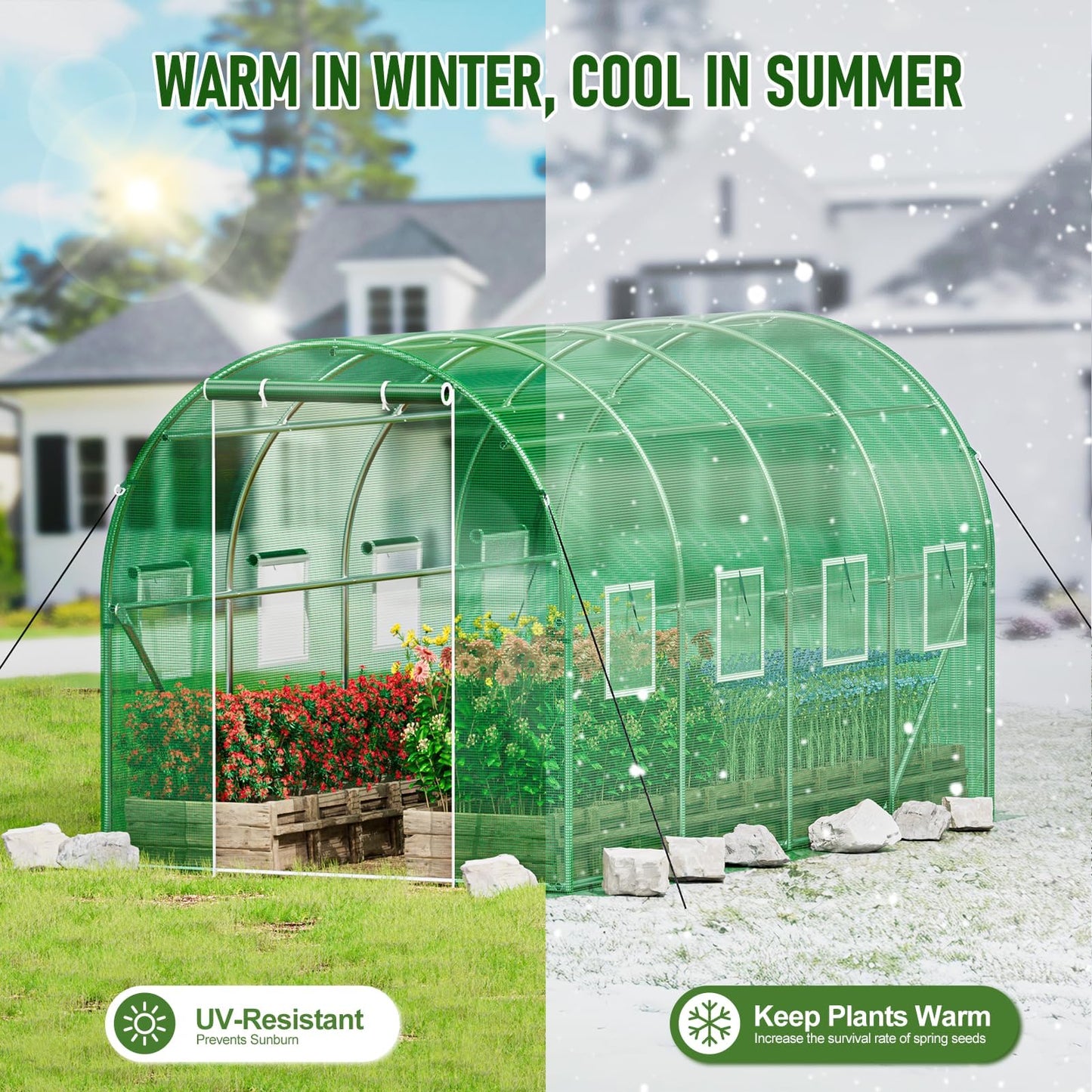 SPECILITE Walk-in Tunnel Greenhouse for Outdoors, 15×7×7 FT Heavy Duty Hoop House Kit with 8 Screen Windows, Thicken PE Cover & Galvanized Frame, Portable Large Green Houses for Outside, Winter, Green