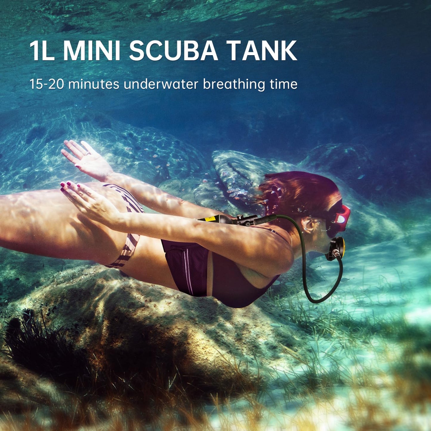 DIDEEP Scuba Tank 1L Capacity Mini Scuba Tank Support About 15-20 Minutes Underwater Breathing Portable Lung Tank with High Pressure Hand Pump for Emergency Rescue Underwater Exploration(Black)
