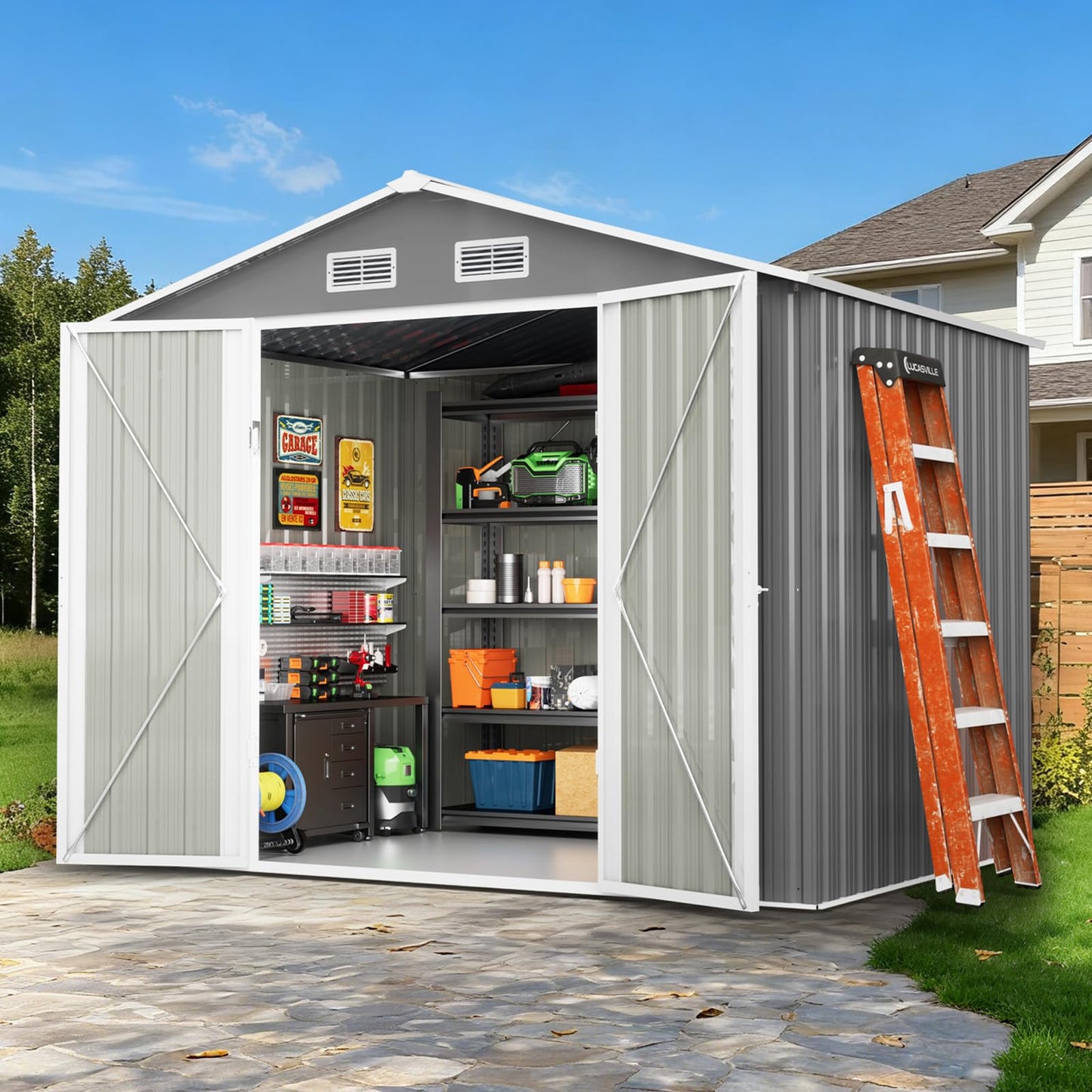 TABU 8x6 FT Outdoor Storage Shed with Window&Lockable Doors, Utility Waterproof Tool Shed with Air Vents for Backyard, Patio and Garden, Grey