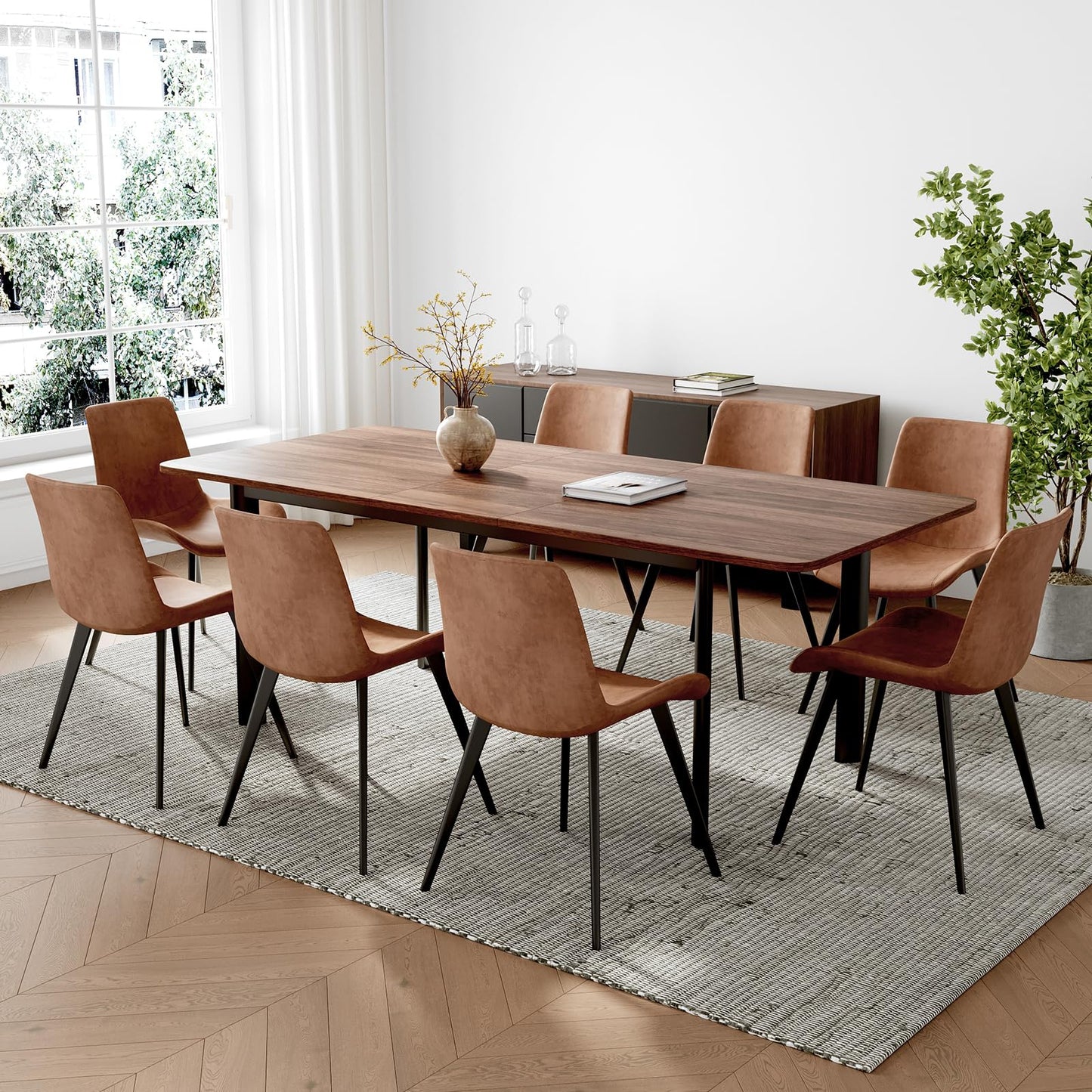 HIPIHOM 63"- 78.7" Extendable Dining Table Set for 8, Modern Kitchen Table with Dining Chairs for 6-8 Person, Thickened Expandable MDF Wooden Table with Metal Leg for Dining Room, Kitchen, Living Room