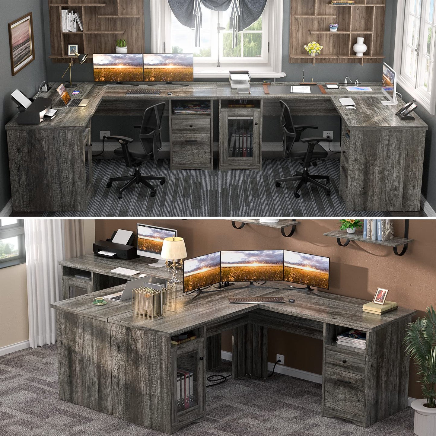 Unikito L Shaped Desk with Drawers, 60 Inch Corner Computer Desks with USB Charging Port and Power Outlet, Large 2 Person Home Office Table with File Cabinet, Black Oak