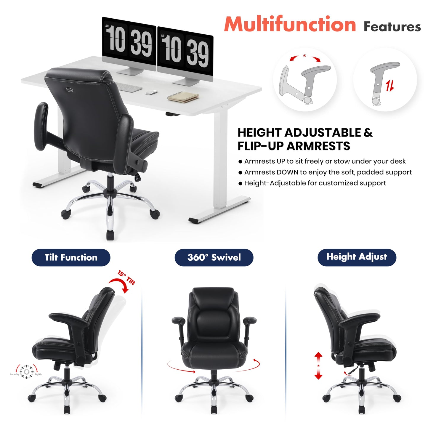 Ergonomic Heavy Duty Mid-Back Padded Bonded Leather Padded Adjustable-Height/Tilt Office Chair, Comfortable Swivel Computer Desk Task Office Stool with Functional Arms, Design for Sedentariness, Black