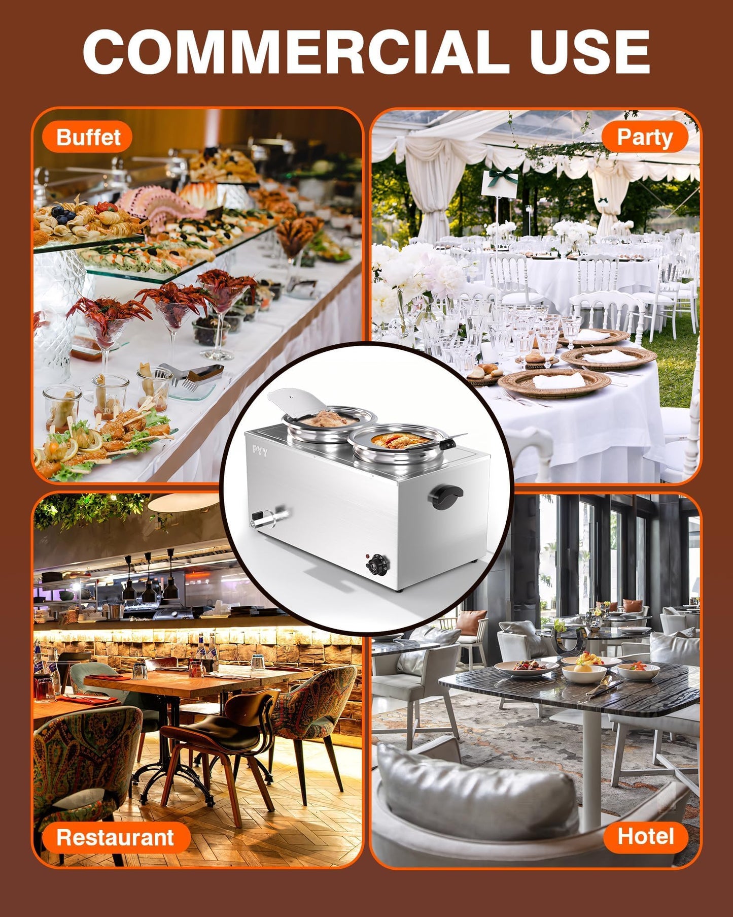 PYY Soup Warmer Commercial - Two 11.6QT Stainless Steel Bain Marie Round Pot 86~185°F Adjustable Temp, 1500W Electric Soup Warmer Countertop with Anti-Dry Burn and Reset Button for Restaurant, Buffet
