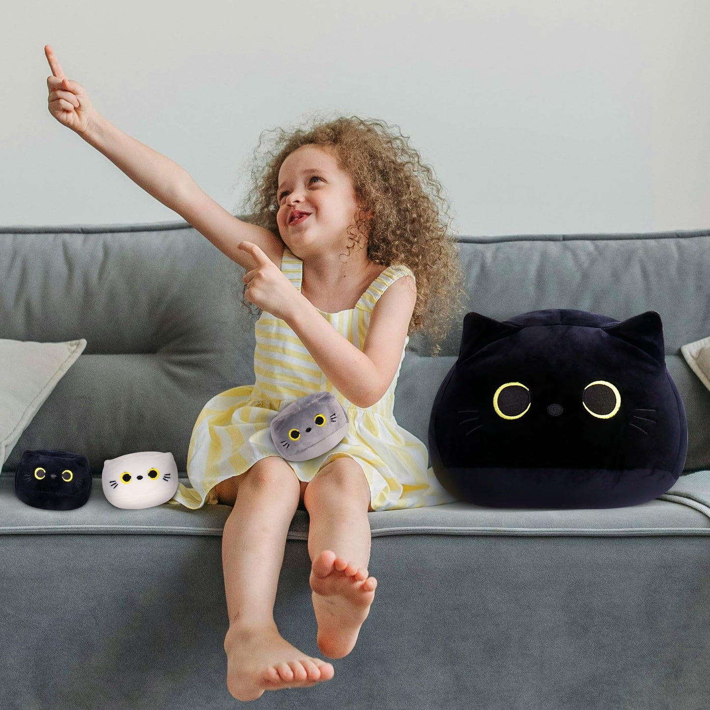 WeBingo Black Cat Plush Toy 4-Piece Set, 16'' Giant Cat Stuffed Animal Plushies Pillow with 3 Babies for Girl Boy Kid Adult, Large Big Soft Gift for Birthday Christmas Valentine's Day Home Decor