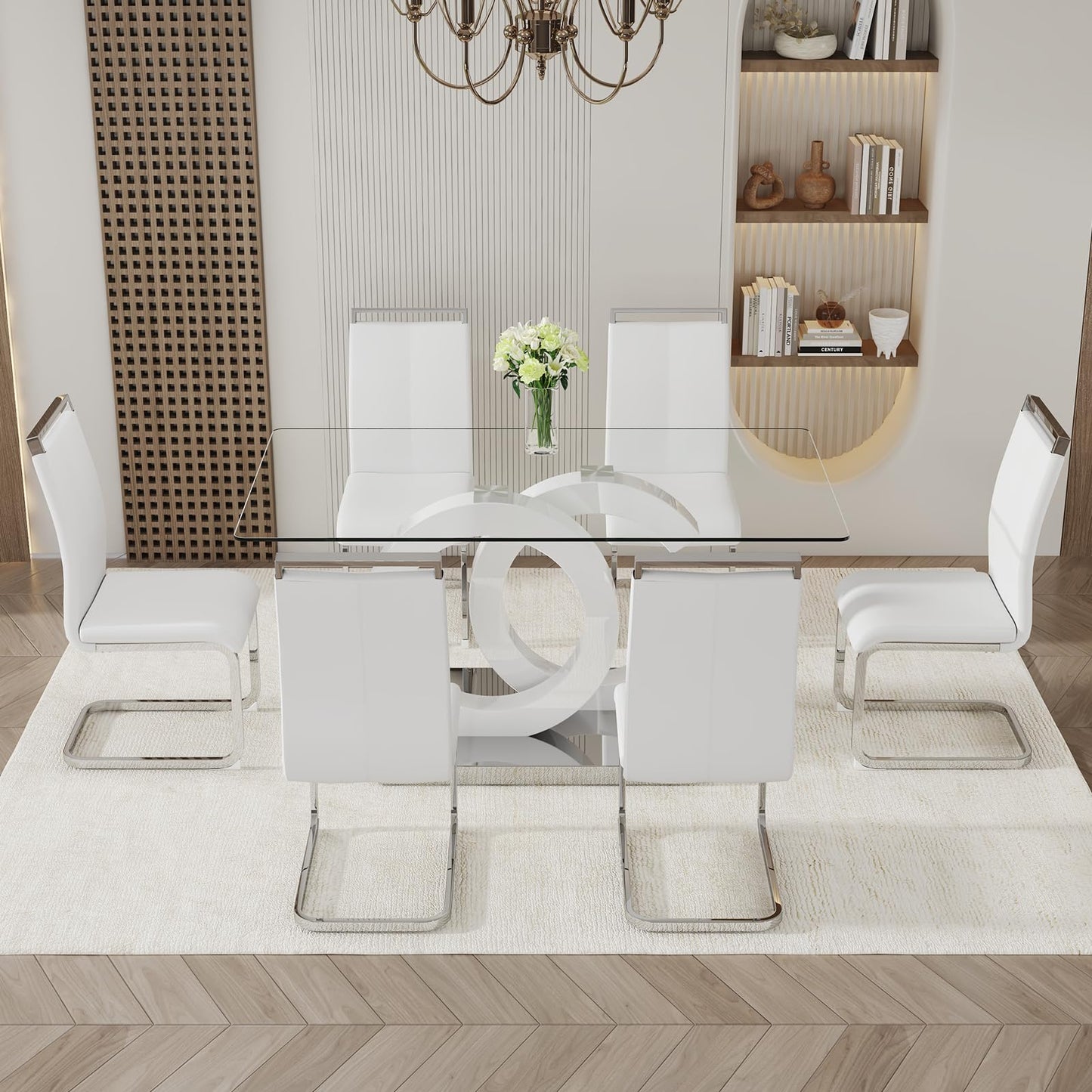 Ebullient Glass Table Set for 6, 7 Piece Set, Tempered Glass Top, White Modern Table with 6 PU Leather Ergonomic Chairs