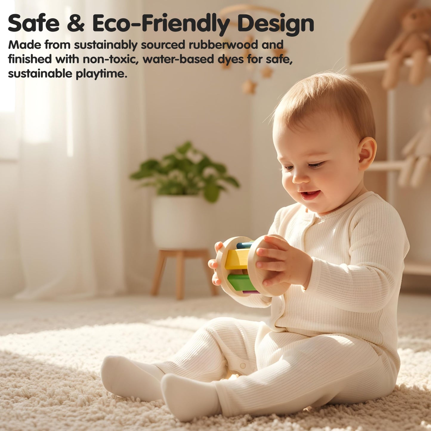 PlanToys® Wooden Roller Rattle Toy for Babies | Montessori Baby Sensory Toy with Gentle Sound | Eco-Friendly Crawling & Motor Skill Toys for Infants