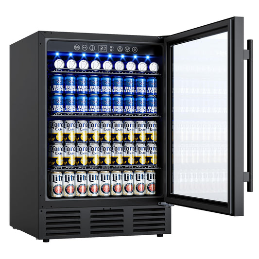 ICEVIVAL 24 Inch Built-In Beverage Cooler for 182 Cans, Under Counter Beer Fridge with Tempered Glass Door & LED Lighting, Freestanding/Integrated Installation (Black)