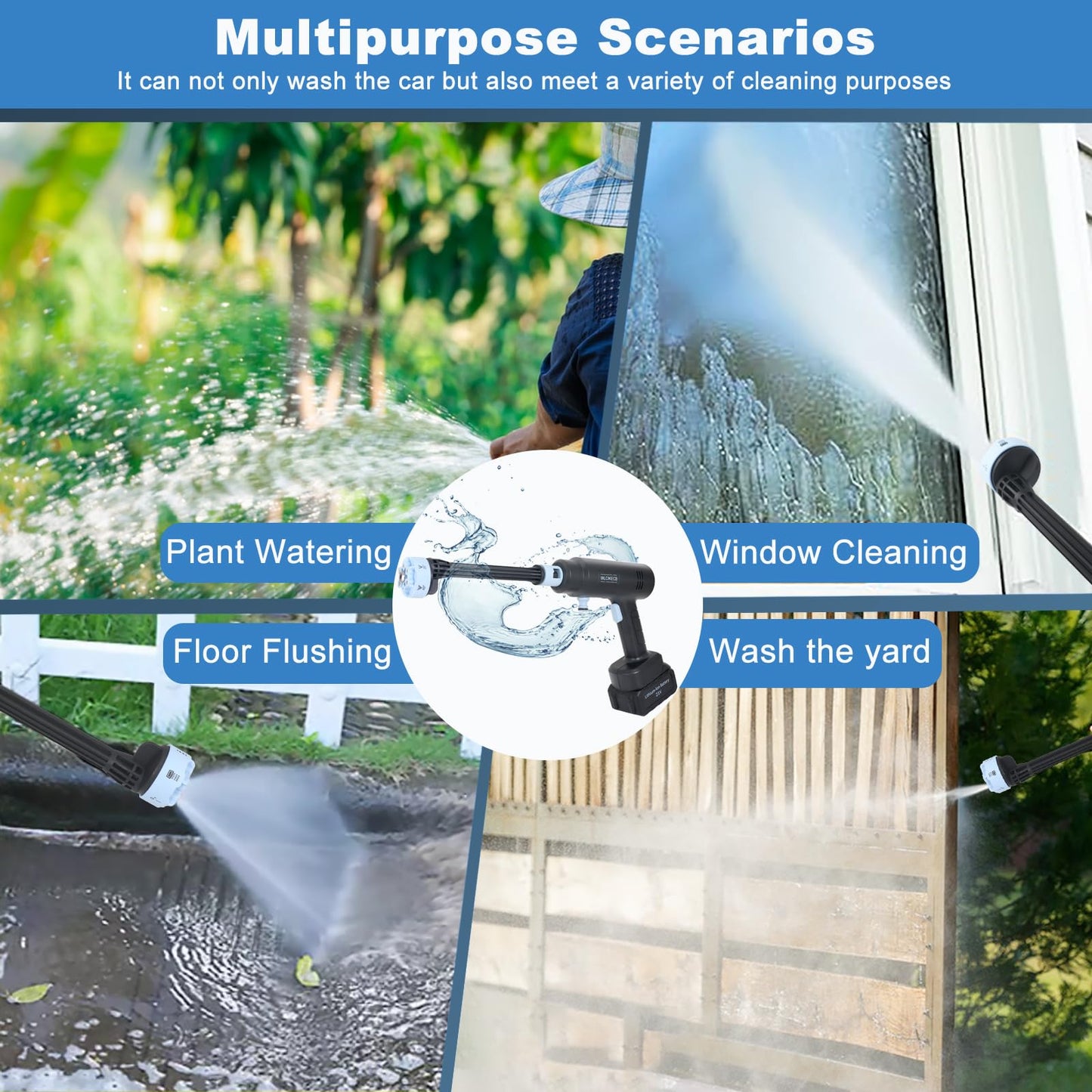 WLCIKECB Cordless Pressure Washer Battery Powered ; 1200 PSI Battery Operated Pressure Washer with 2 1500mAh Battery&10 Meter Hose& 6-in-1 Nozzle; for Watering, Car Washing, Yard Cleaning