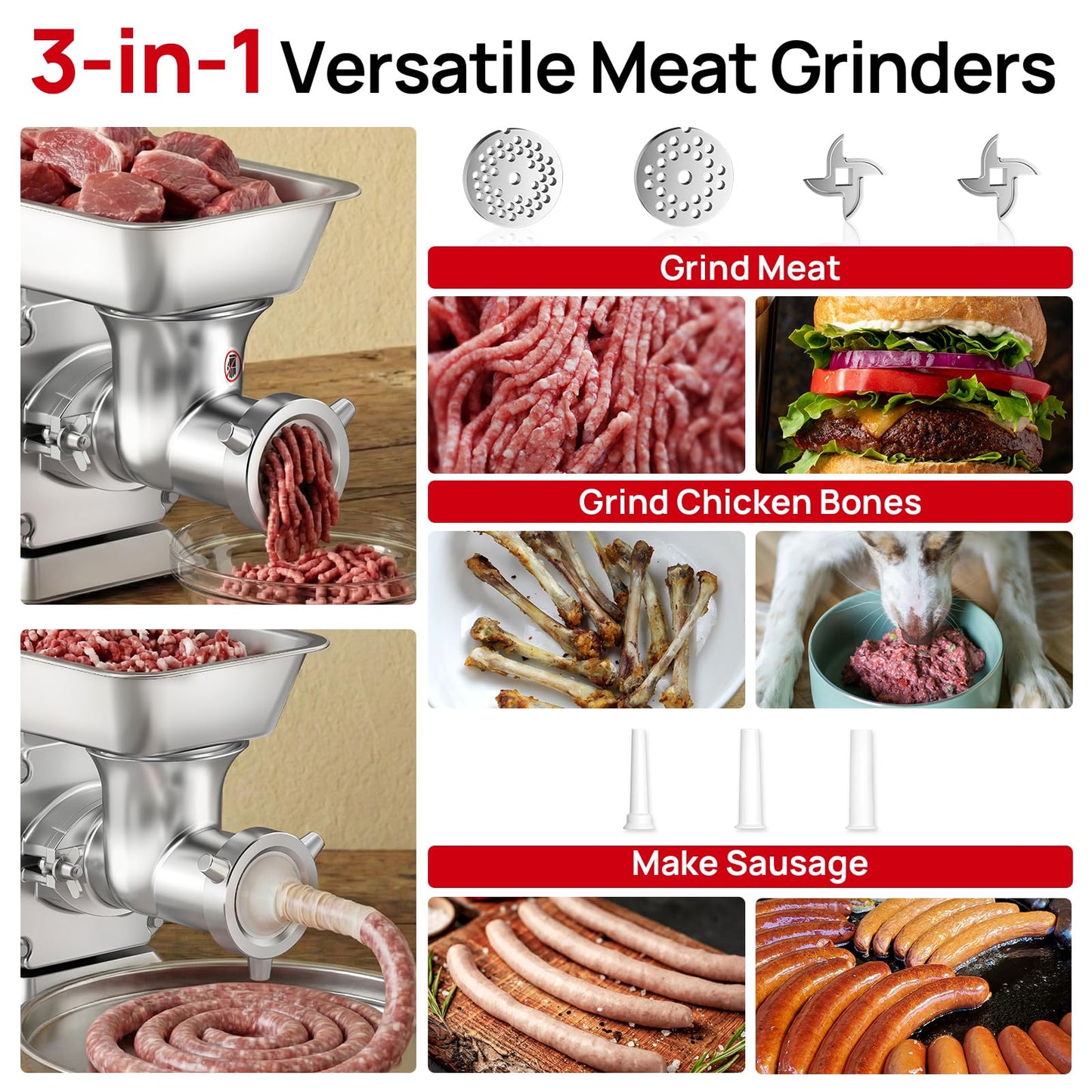 ARINOO Electric Meat Grinder, Grinds Chicken Bones, 1.7 HP Heavy Duty Stainless Steel Commercial #22 Meat Mincer Machine with 2 Plates, 2 Blades and 3 Sausage Tubes for Home Use, 11 Lbs/Min