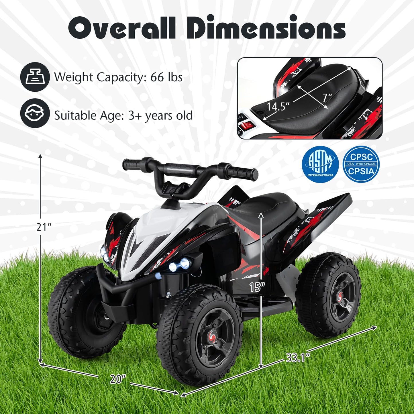 Costzon Kids ATV, 12V 4-Wheeler Quad Electric Vehicle w/ 7 mph Max Speed, 15° Climbing, LED Lights, Music, Wireless Connection, Toddler Ride On ATV Toy, Gift for Boys Girls Aged 3+ (Deep Black)