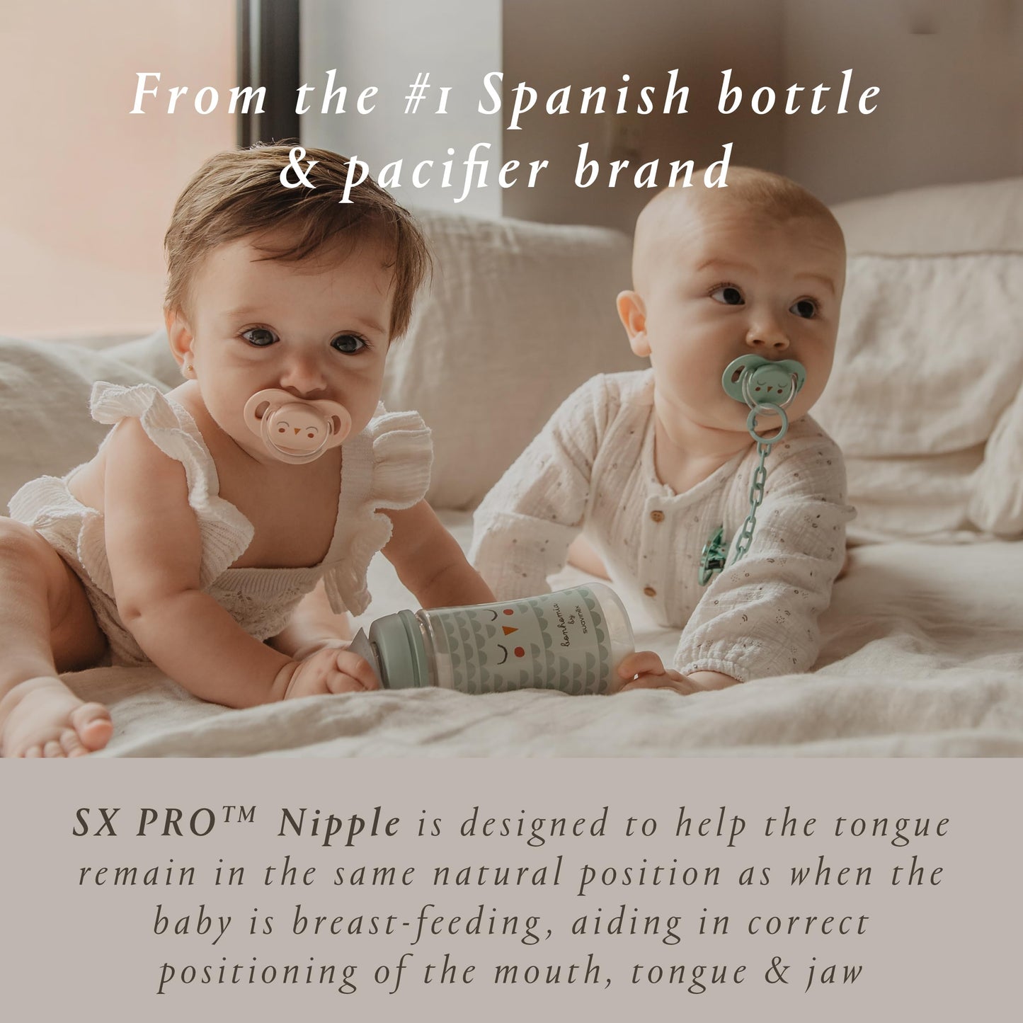 Suavinex Bonhomia SX PRO Physiological Pacifier, Supports Breastfeeding Babies, Pacifiers 6-18 Months, 2 Pack Baby Pacifier, Baby Accessories, (Pink/Beige)