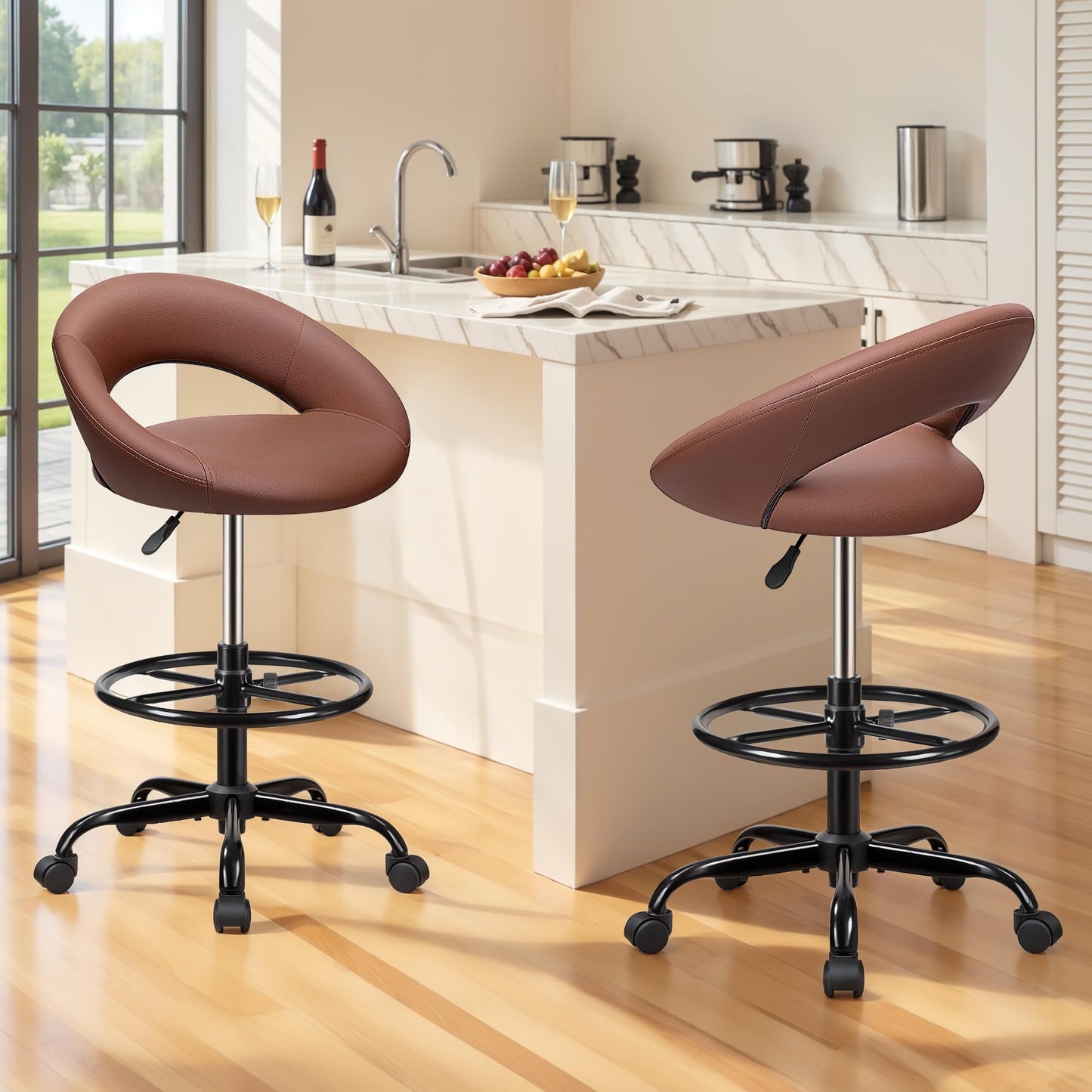 BESTFAIR Drafting Chair with Back, Height Adjustable Rolling Stool with Foot Rest, Tall 360° Swivel Stool PU Leather Chair with Wheels for Home Office, Standing Desk, Brown