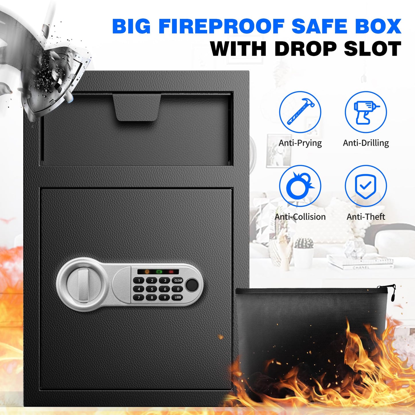 TOTOY 5.0 Cu Ft Fireproof Biometric Deposit Drop Safe- Steel Drop Slot Lock Box, Fingerprint & Digital Keypad Key Lock, External Type-C Backup, Business Safety Box for Cash Money Security