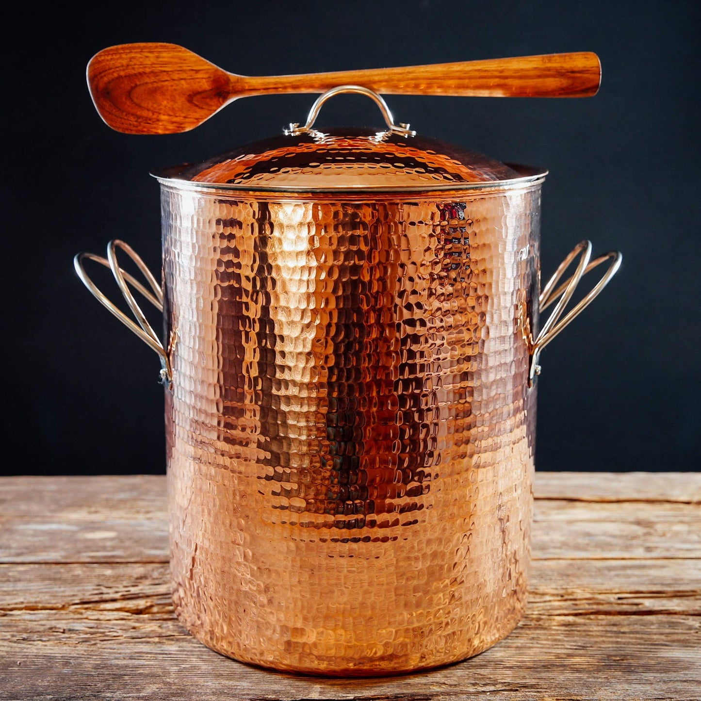 Sertodo Copper Big Beautiful Stock Pot with Lid | 14 Qt Capacity | 10 in Diameter, 12 in Deep | Pure Copper, Heavy Gauge, Hand Hammered | Patented Stainless Steel Handle System | Functional, Stylish