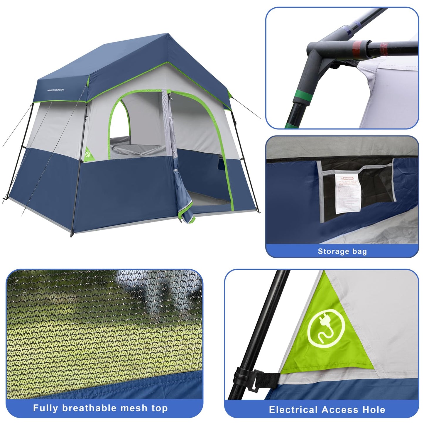 HIKERGARDEN 6 Person Camping Tent - Portable Easy Set Up Family Tent for Camp, Windproof Fabric Cabin Tent Outdoor for Hiking, Backpacking, Traveling (Dark Blue)