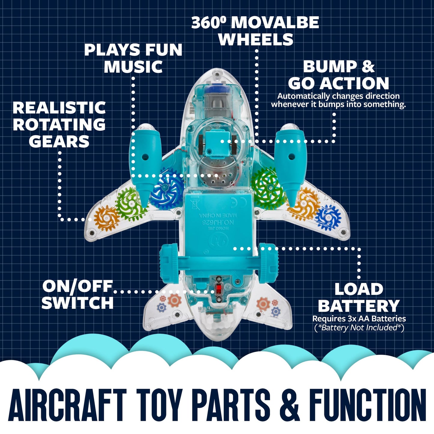 Playbees Light Up Transparent Gear Airplane Kids Bump and Go Autism Toys Colorful Moving Gears with Music and LED Effects Toddler Boy Toys Ages 3+