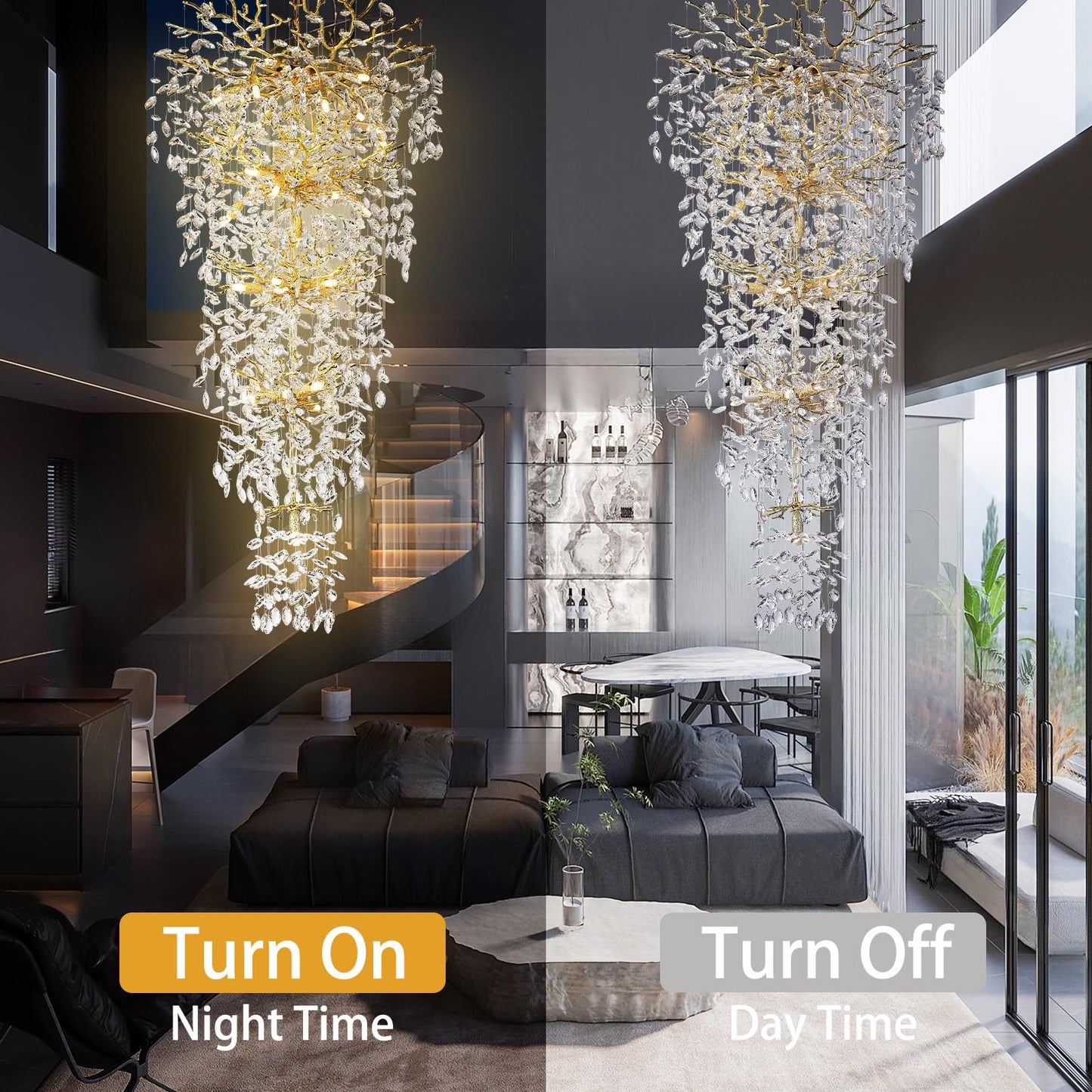 118'' Long Crystal Chandelier for High Ceiling, 28-Light Modern Gold Tree Branch Chandelier, Large Chandeliers for Foyer Entryway Staircase Living Room, 5-Tier Luxury K9 Crystal Raindrop Light Fixture