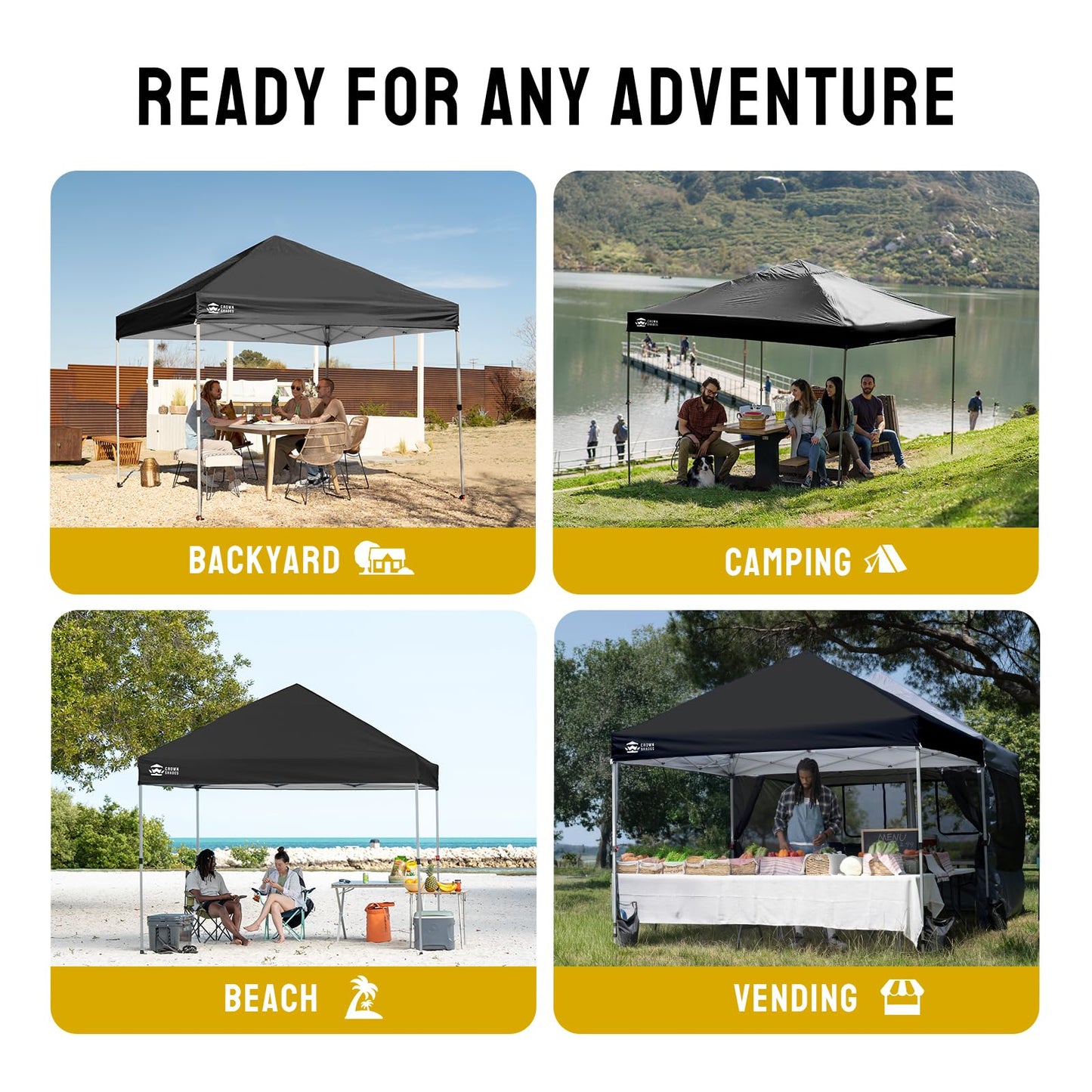 CROWN SHADES 8x8 Pop Up Canopy, Patented Center Lock One Push Instant Popup Outdoor Canopy Tent, Newly Designed Storage Bag, 8 Stakes, 4 Ropes, Silver-Coated Black