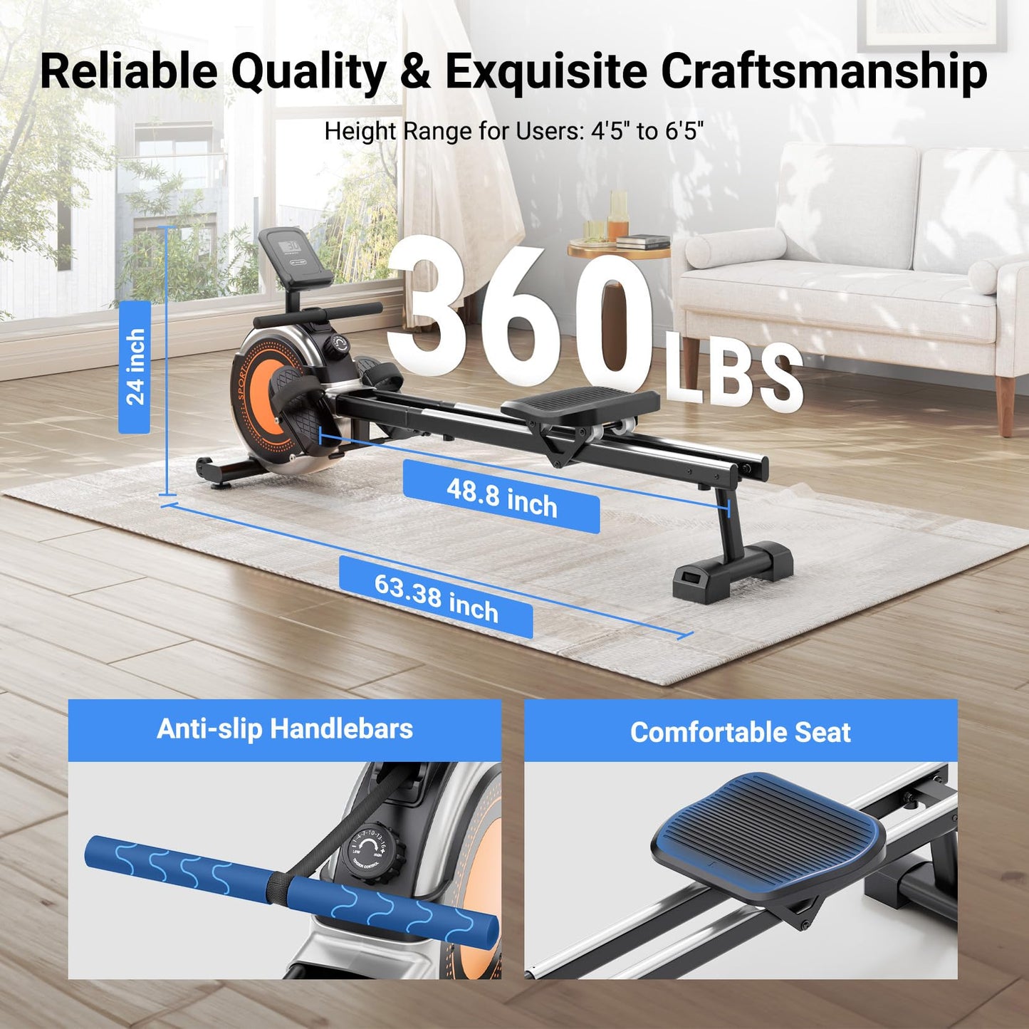 Dripex Rowing Machines for Home Use, Rowing Machine Magnetic Rower, Max 360 LBS, 16 Levels of Workout Resistance, Dual Slide Rail, Bluetooth App Compatible, LCD Monitor, Row Machine for Gym Exercise