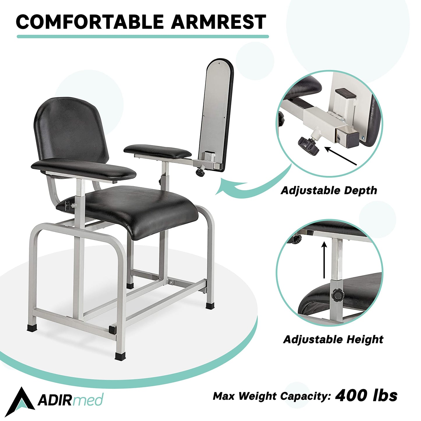 VivaComfort Black Phlebotomy Chair with Adjustable Armrest, Blood Draw Chair, Large Weight Capacity Comfortable Lab Medical Chair
