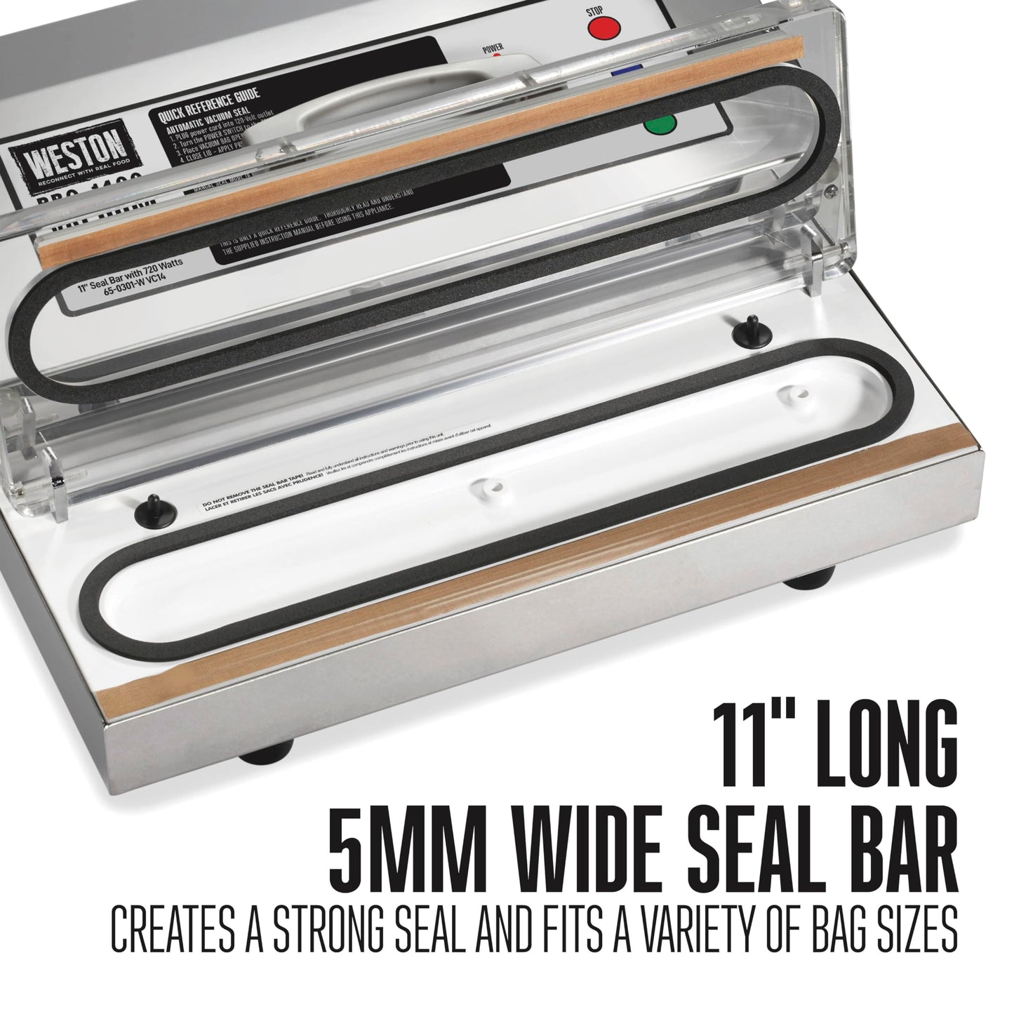Weston Brands Vacuum Sealer Machine for Food Preservation & Sous Vide, Extra-Wide 5mm Bar for Sealing Bags up to 11" Wide, 720 Watts, Commercial Grade Pro 1400, Stainless Steel (65-0301-W)
