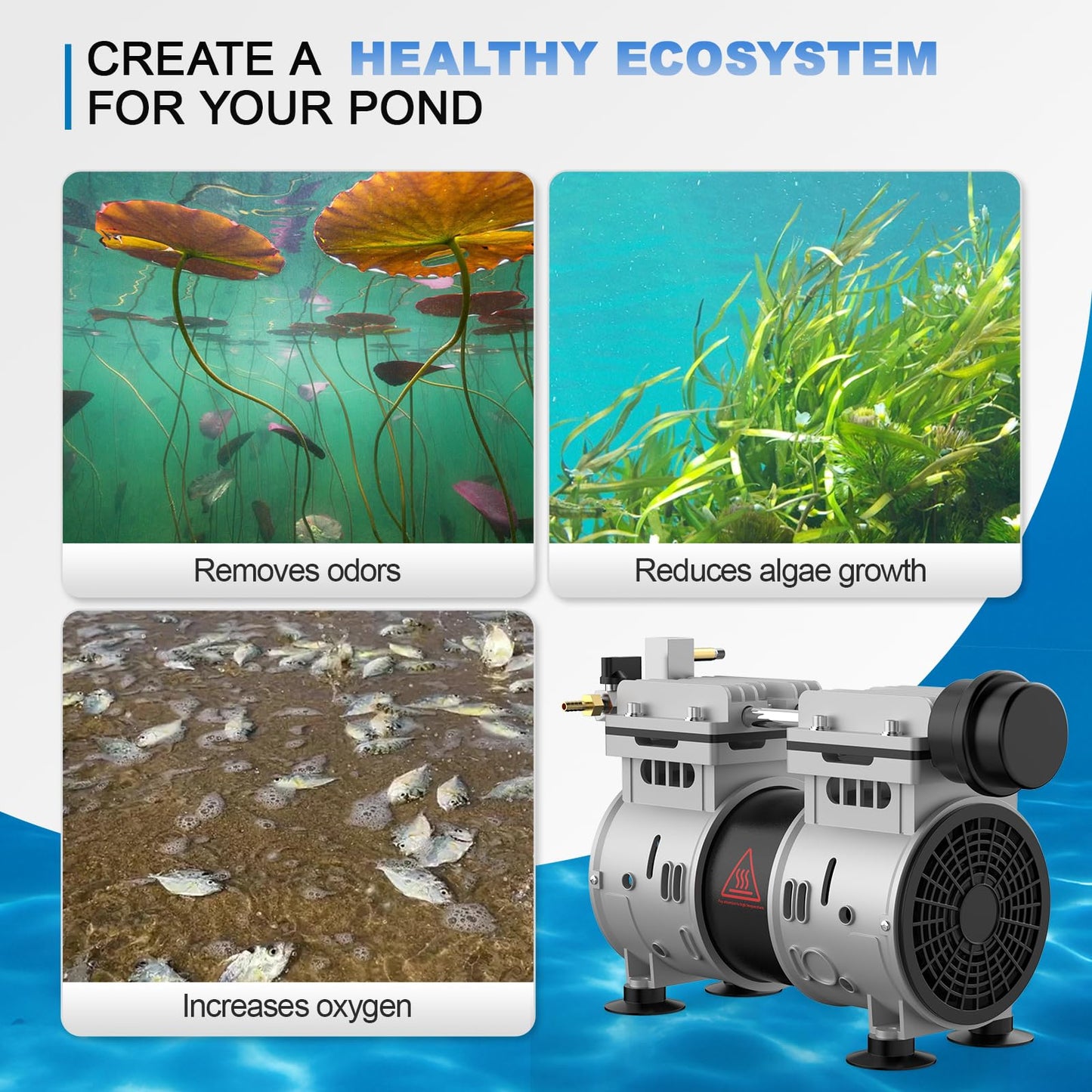 AZZUNOX 8.2CFM Pond & Lake Aeration System for Up to 3 Acre 50' Lakeï¼Includes 3/4 HP Compressor, Air Compressor for Deep Water Oxygen Circulation (No Diffuser No Tubing)