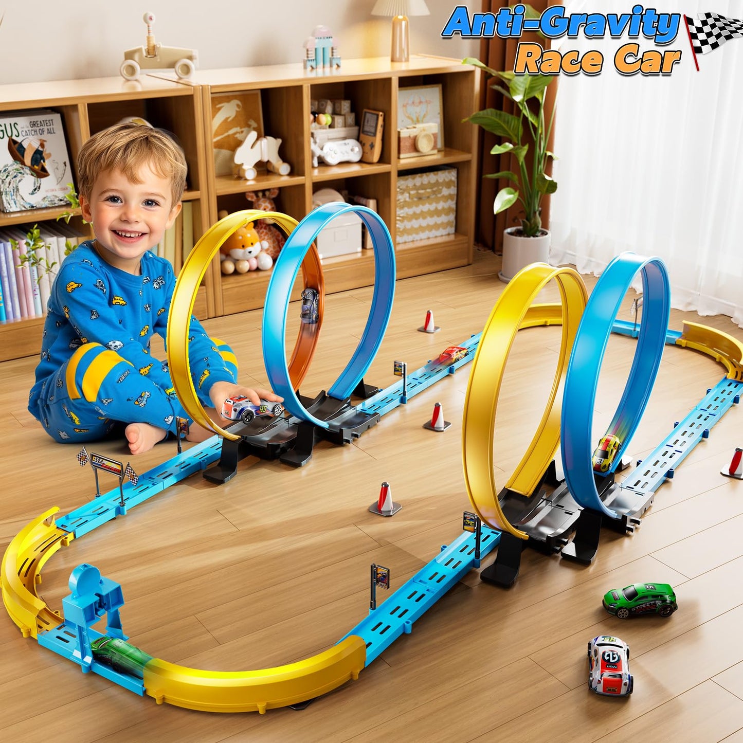 LILYBUDS Toy Car Race Track Set for Boys Kids Age 3-5 4-7, Race Tracks with 4 Crash Zones and 1:64 Scale High-Speed Slot Cars, Christmas Halloween Birthday Gifts Toys for Toddlers Boys 4-8 8-12 Years