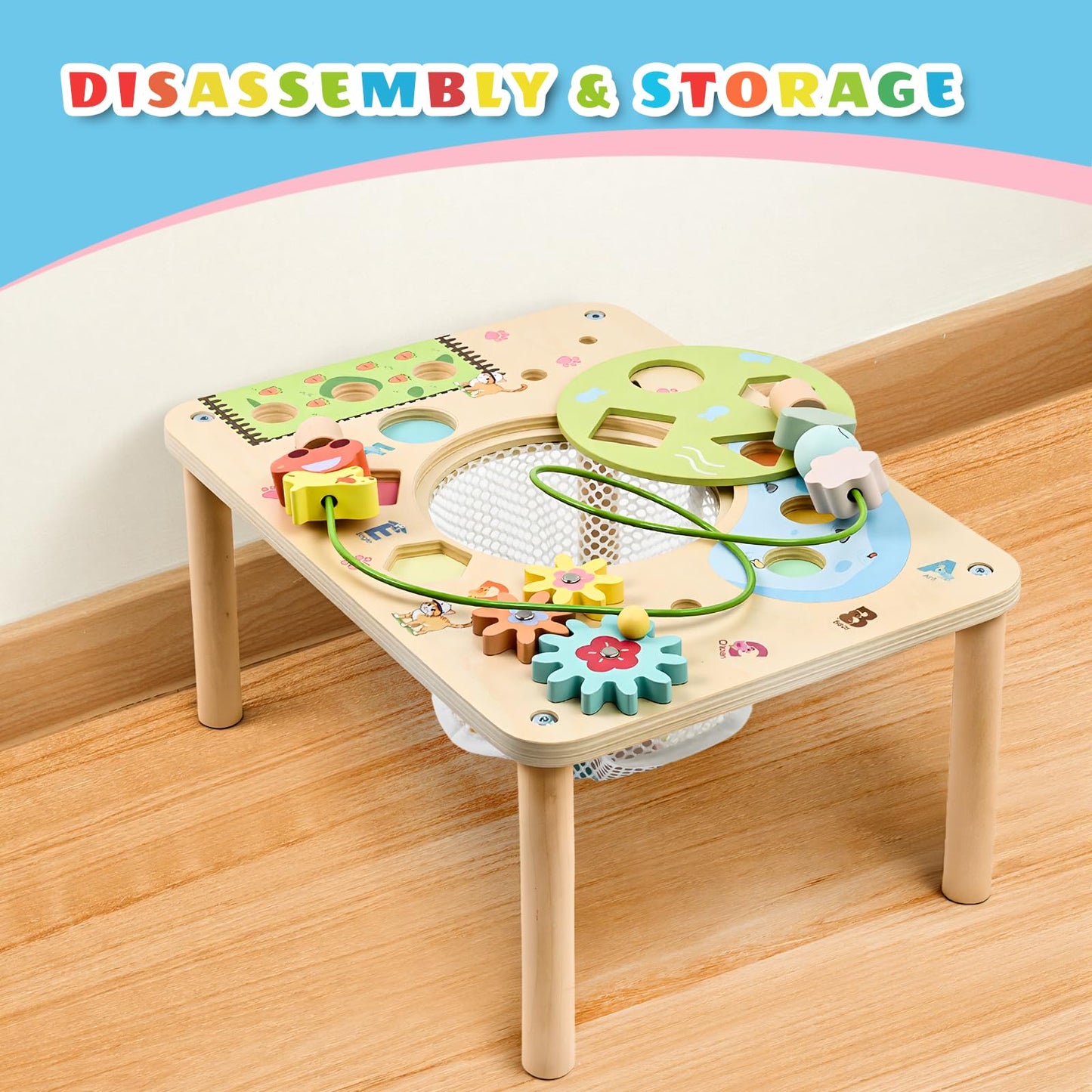 WINGYZ Activity Table, 6 in 1 Wooden Montessori Activity Center with Bead Maze Shape Sorter Fishing Game, Kids Sensory Play Table Toddler Toys 1st Birthday Gifts Boy Girl(Morandi)
