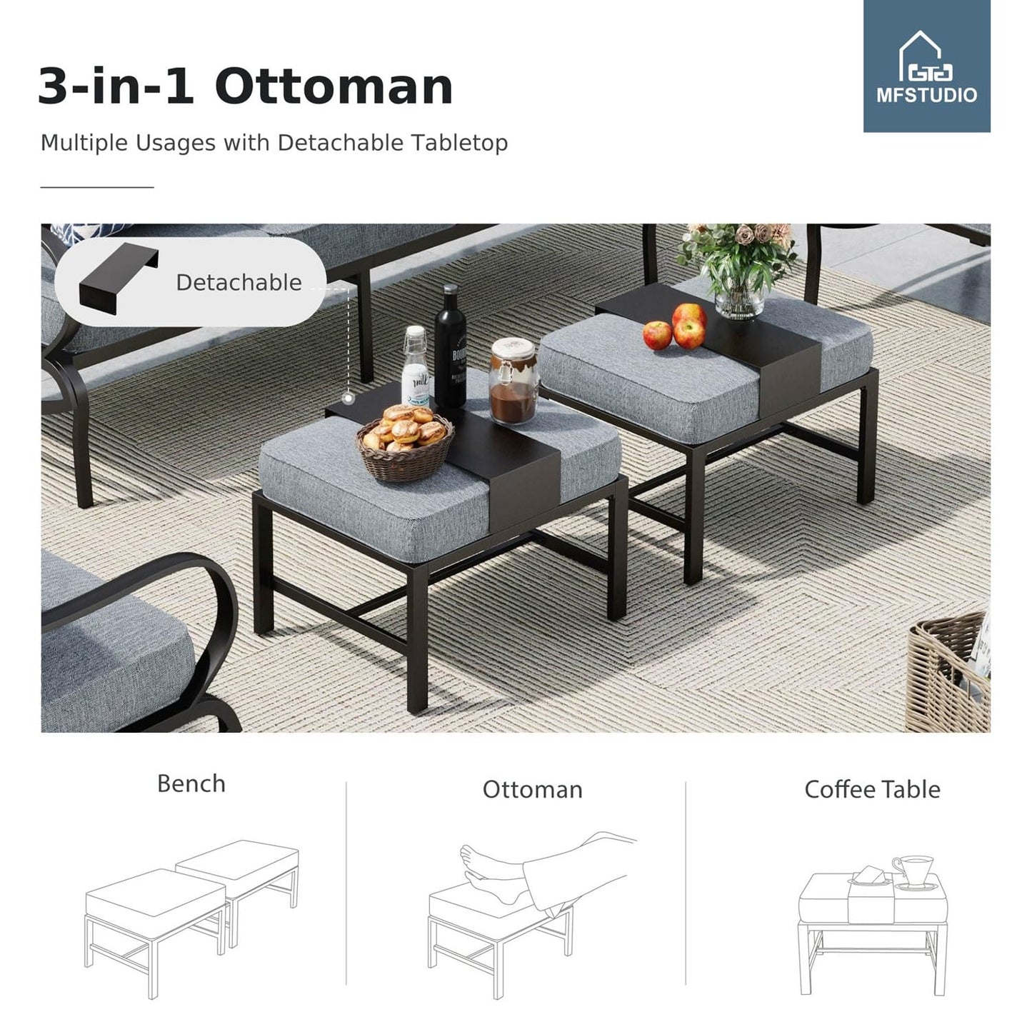MFSTUDIO 5 Pieces Patio Conversation Sets,Outdoor Metal Furniture Sofas with 1 x 3-Seat Sofa, 2 x Swivel Chairs,2 x Ottoman,Wrought Iron Frame with Grey Cushion for Patio Courtyard Balcony