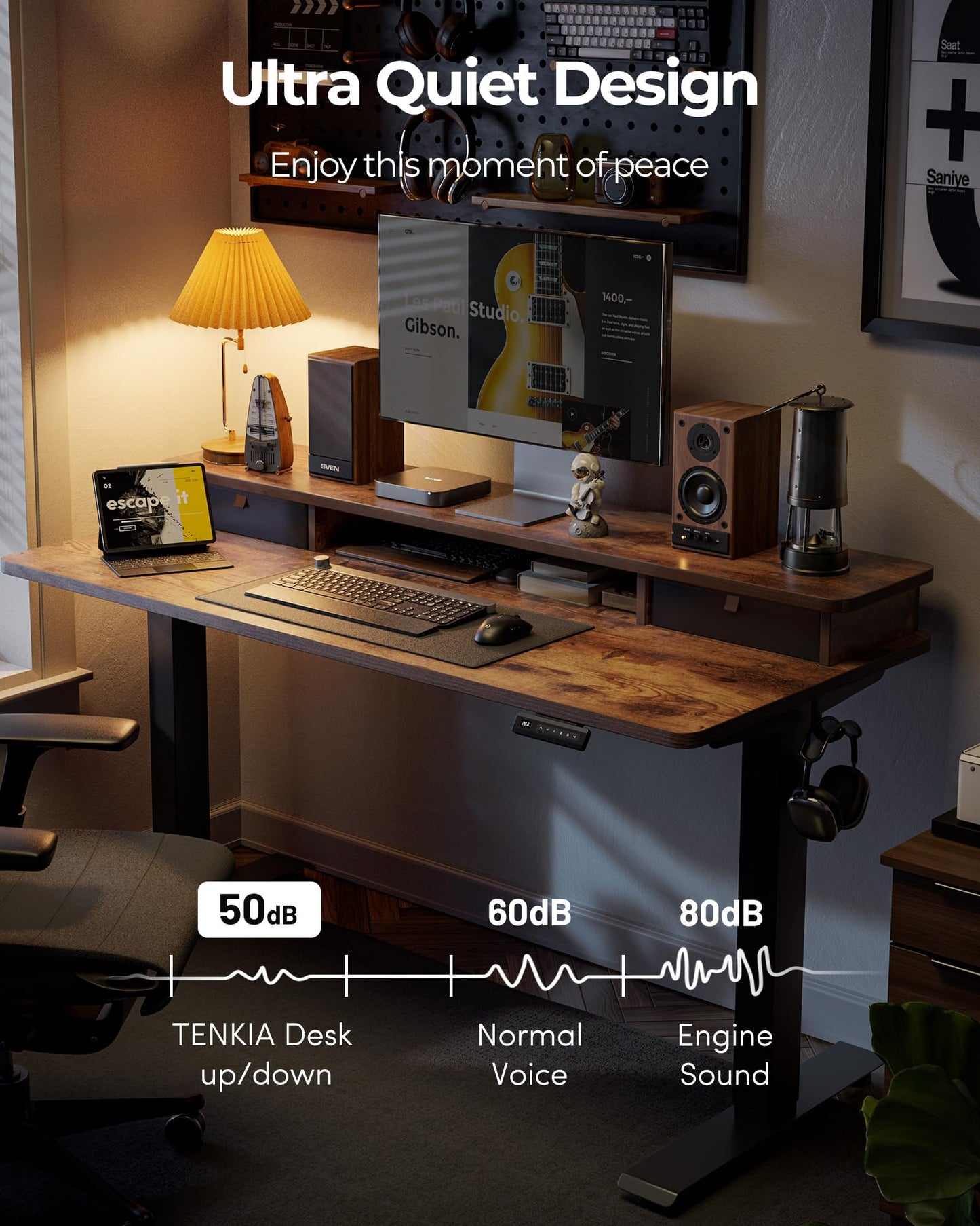 TENKIA 55x24 Inch Electric Standing Desk with Double Drawers, Adjustable Feet & Hooks, Ergonomic Home Office Workstation, Rustic Brown