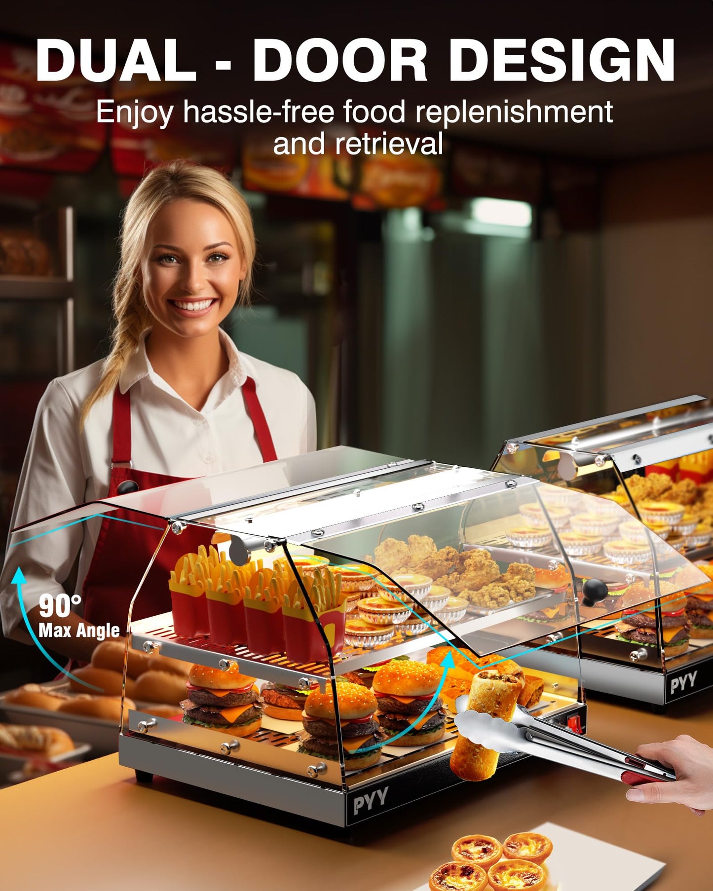 PYY Commercial Food Warmer Display, 2-Tier Electric Countertop Food Warmer with LED Lighting Adjustable Glass Door, Pastry Display Case for Buffet Restaurant