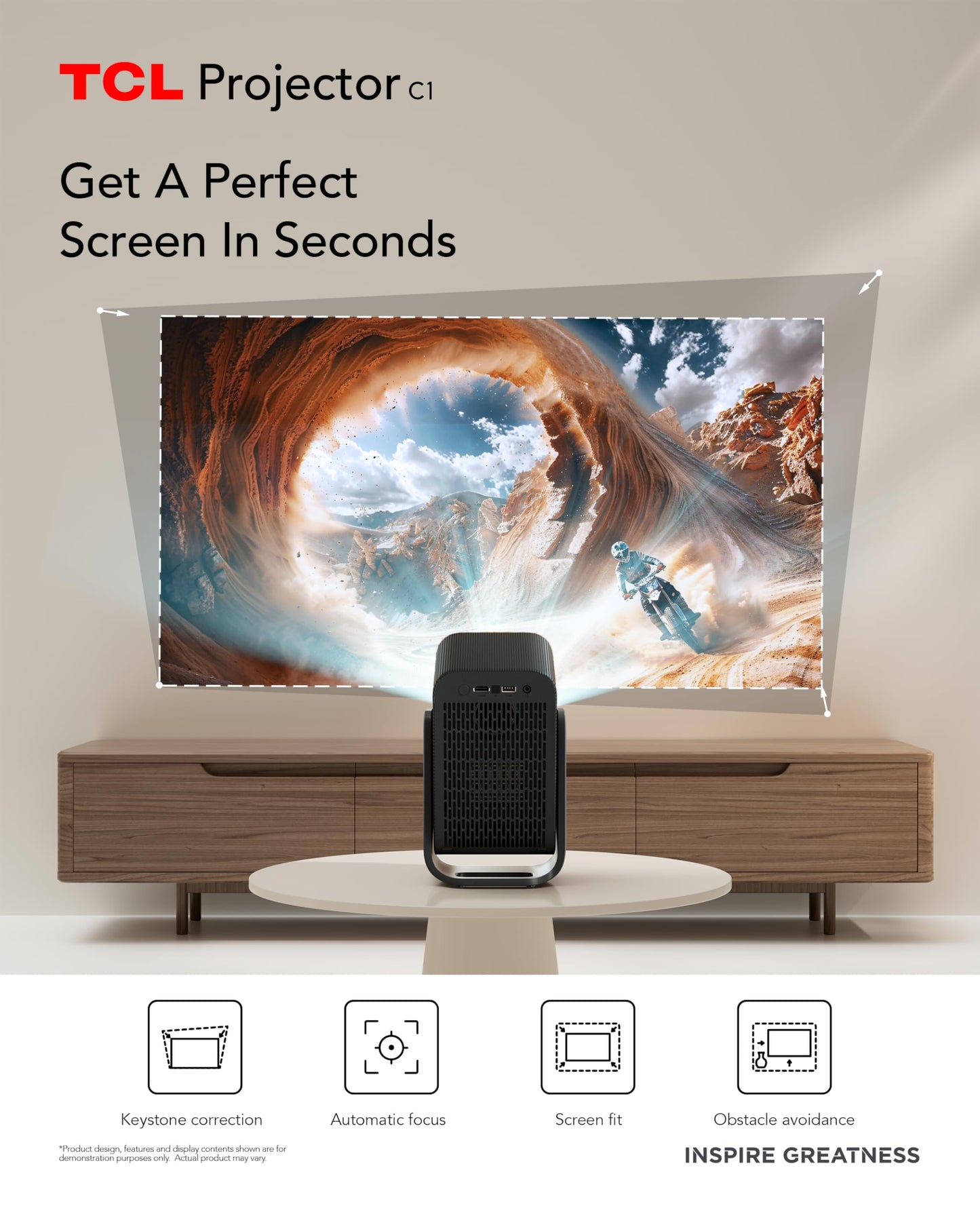 TCL C1 Smart Projector 4K Support, Google TV & Netflix Officially Licensed, WIFI and Bluetooth, Auto Focus Keystone, Native 1080p, Dolby Audio, 285° Portable Mini Projector for Home Theater