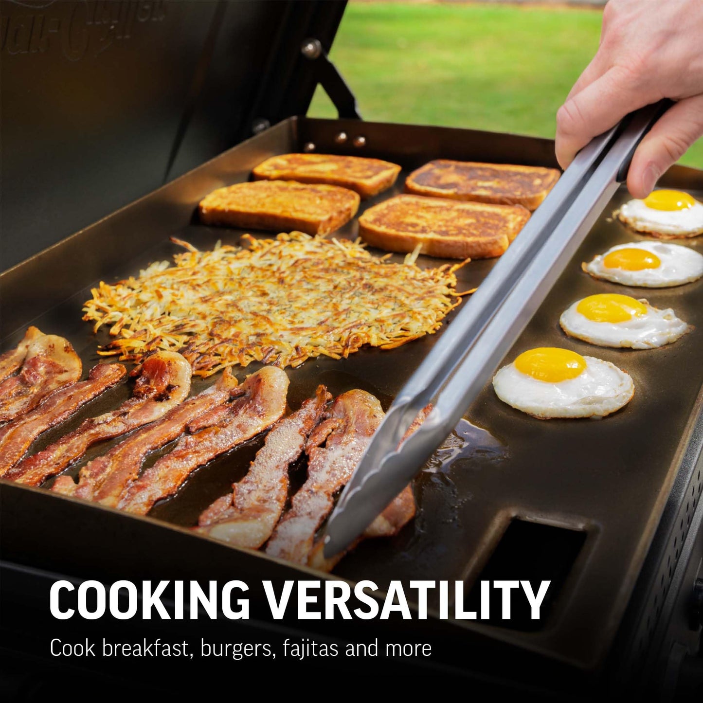 Char-Griller® Flat Iron 3-Burner Propane Gas Flat-Top Griddle with Steel Griddle Top, Hinged Lid and Wind Guards, 520 Cooking Square Inches in Black, Model 8428