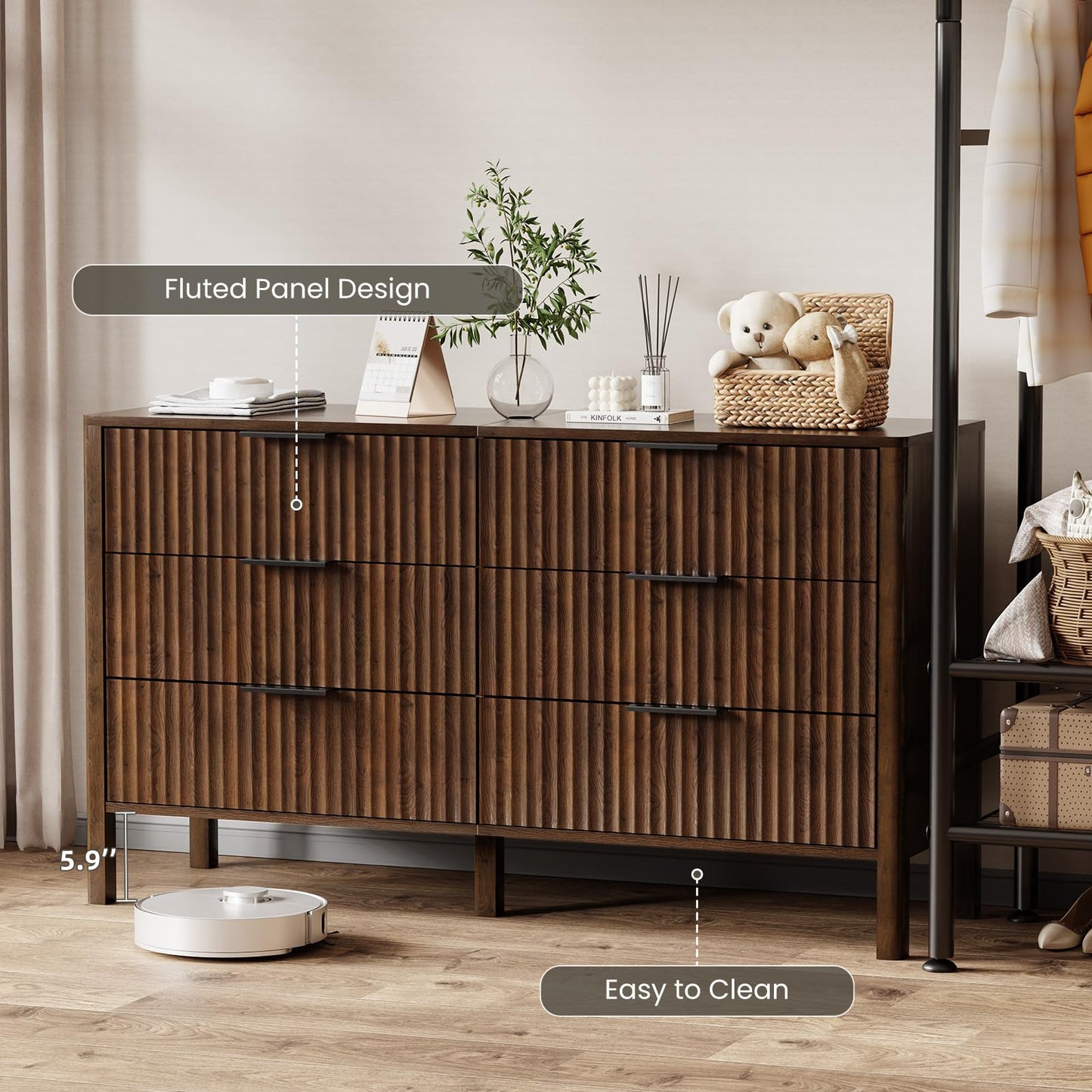 55" Wide Fluted 6 Drawer Dresser for Bedroom, Wooden Dresser Modern Chest of Drawers TV Stand Dressers with Organizer Storage for Bedroom, Living Room, Entryway, Hallway, Walnut
