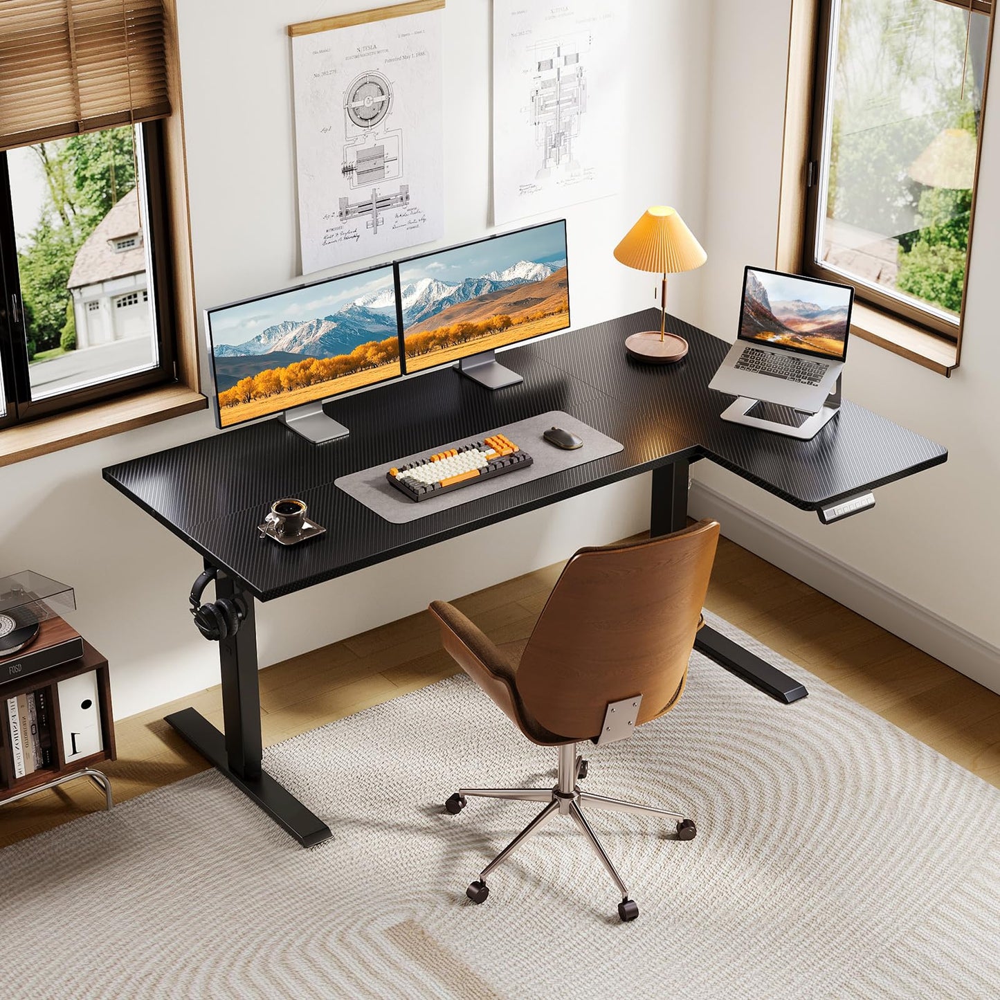 OffiGo Electric L Shaped Standing Desk, 55 Inches Height Adjustable Table, Reversiable Corner Stand Up Desk, Lifting Computer Table for Home Office, Computer Workstation, Carbon Fiber Black