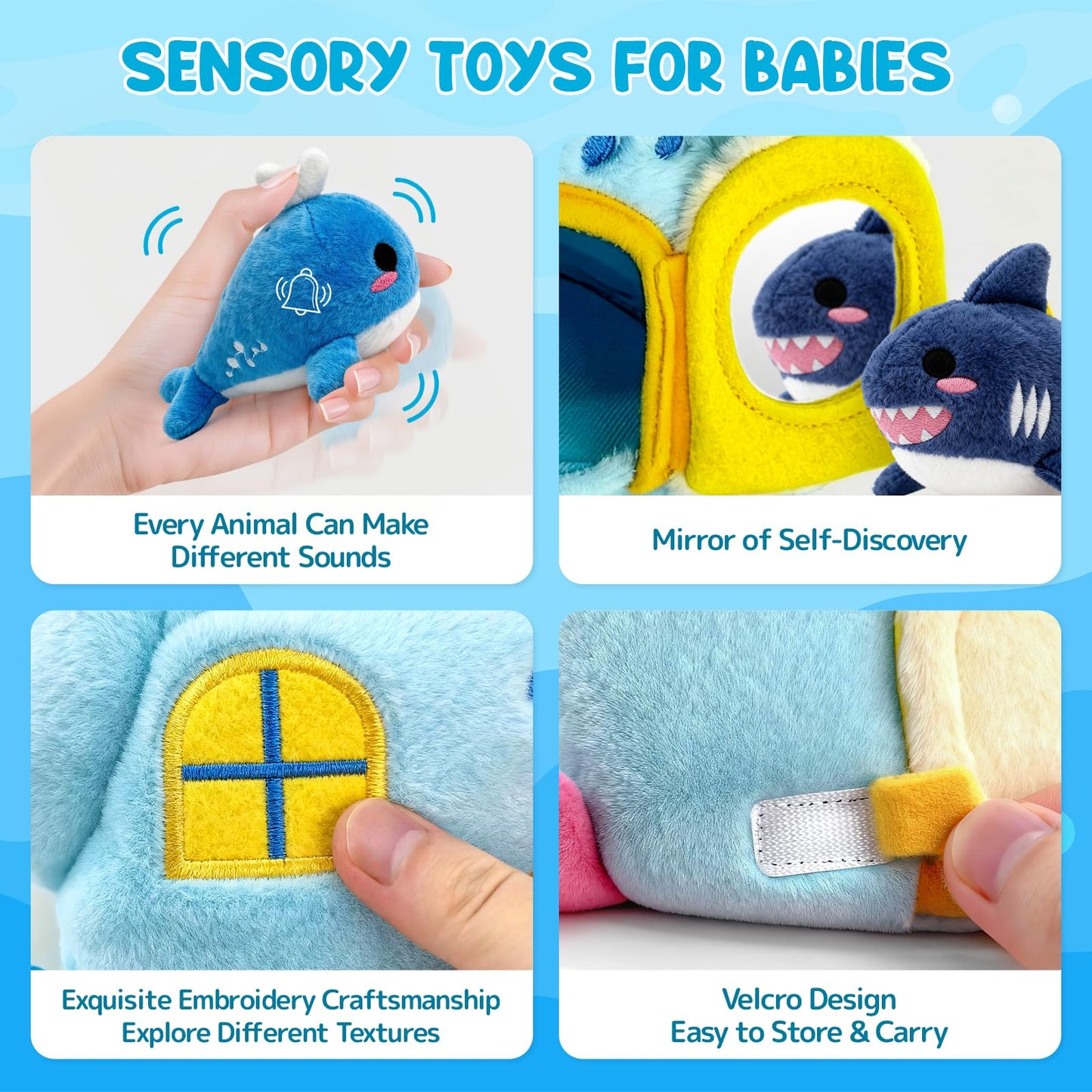 pamexin Baby Toys 6-12 Months, Ocean Stuffed Animals Set with 1 Conch House and 5 Sea Creatures, Rattle, Lanyard, Mirror, Montessori Toys for 6+ Month Old, Gifts for Babies Grandkids
