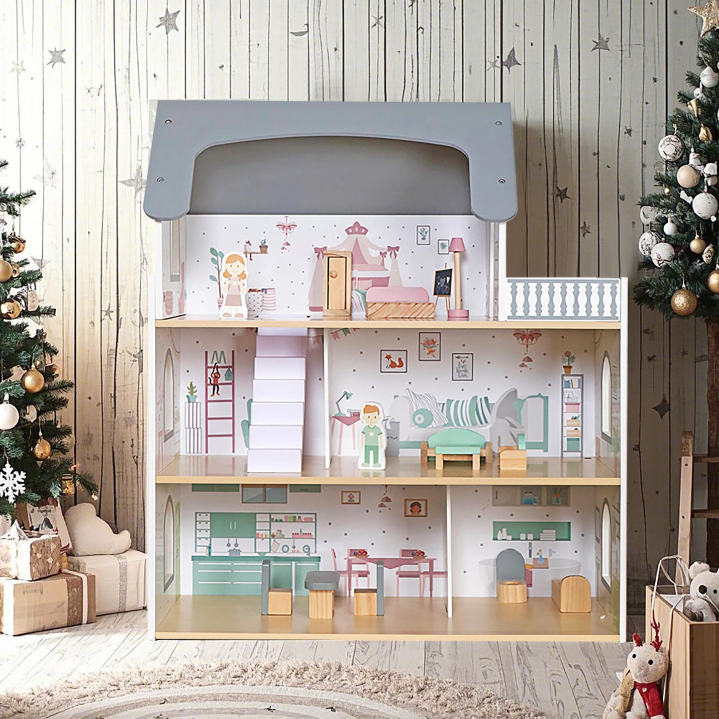 Wooden Dream Playhouse for Girls with Balcony,Doll House for Kids with Furniture,DIY Pretend Play House Toy, Children Dollhouses Toys with 12 PCS Accessories,Birthday Gifts for Boys Girls Ages 3+