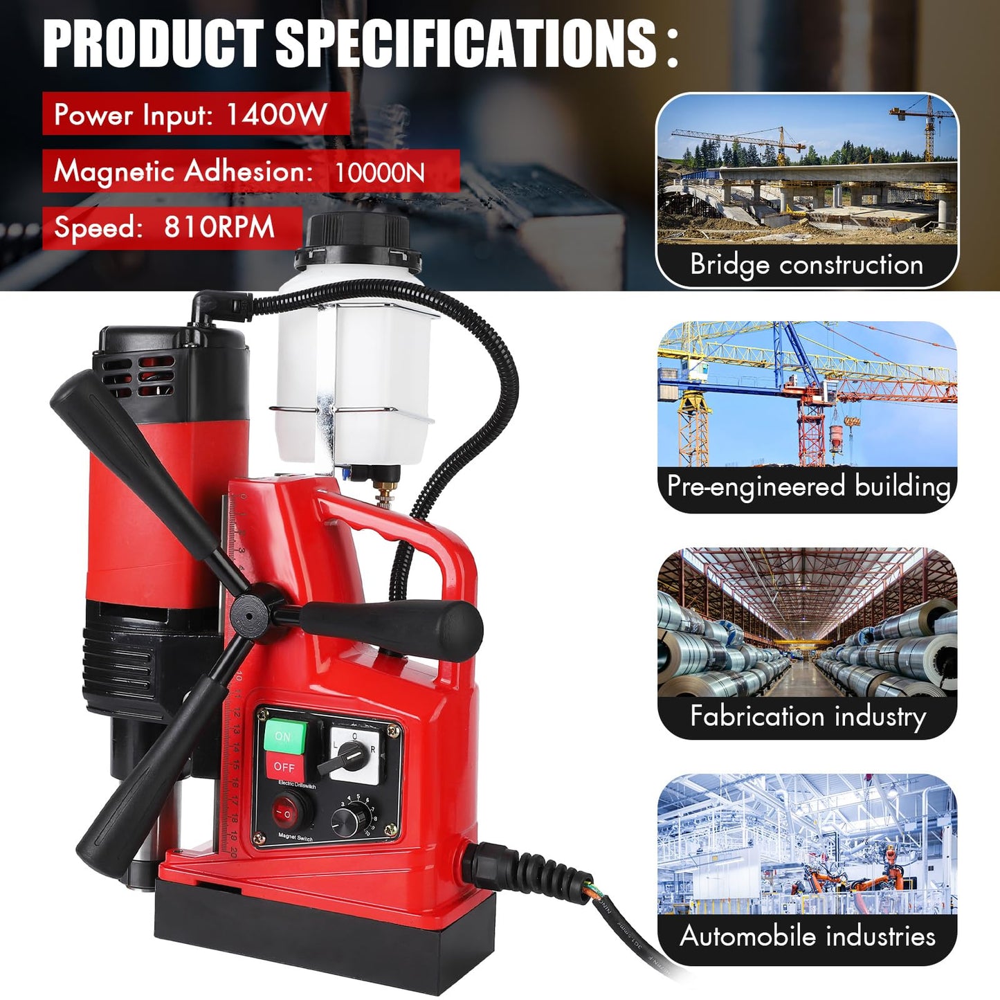 COZONY Mag Drill Press, 1400W 810RPM Portable Magnetic Drill Press, 10-Speed Core Electric Drilling Machine for Metal Working,10Pcs Annular Cutters Drilling Bits，Red
