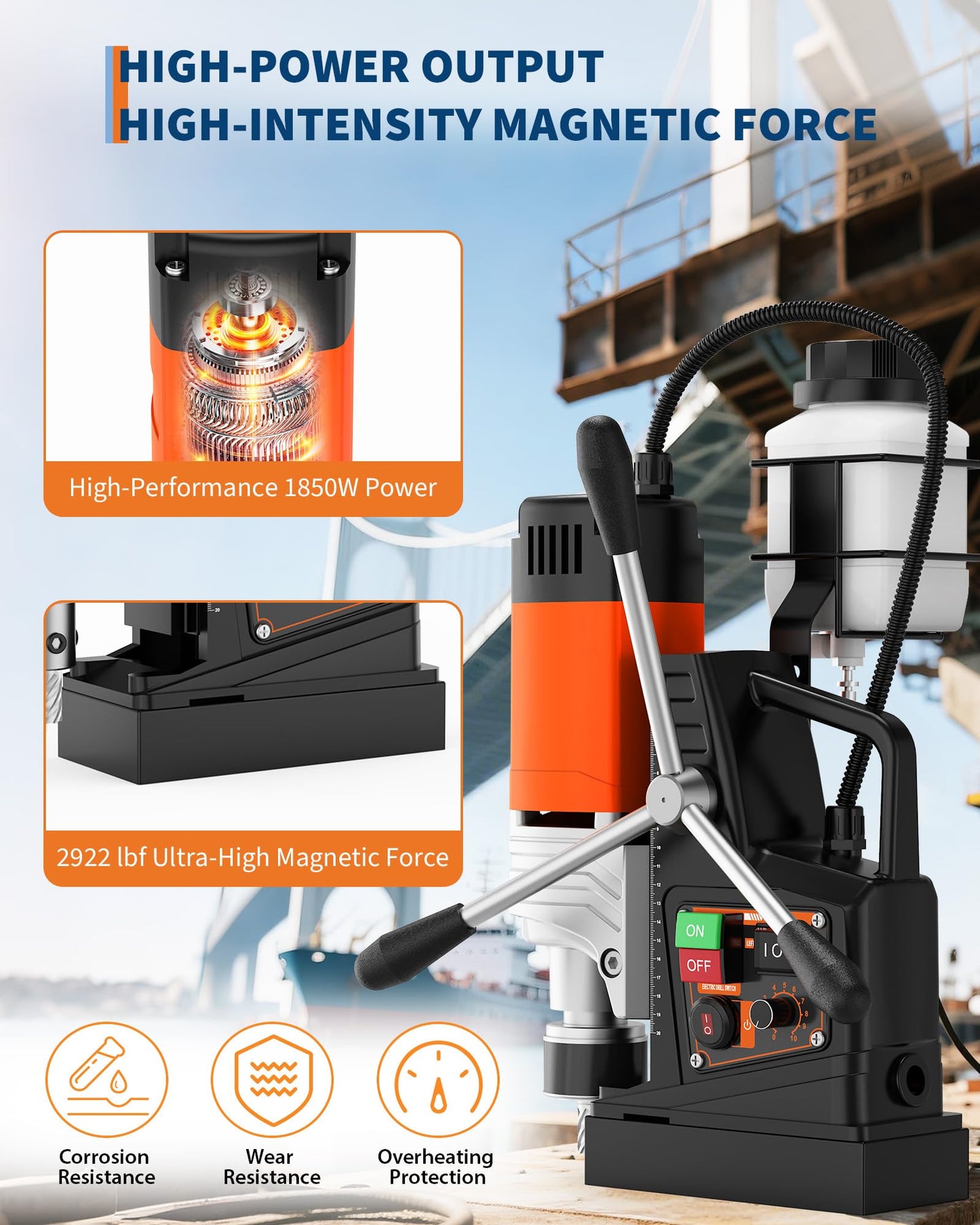 Magnetic Drill, 1850W 2" Boring Diameter, 2922Lbf Power Portable Magnetic, 810 PRM, Variable Speed with Reversible，with 10Pcs Drill Bits 3Pcs Twist Drill and 1Pcs Plastic Box for Metal Surface