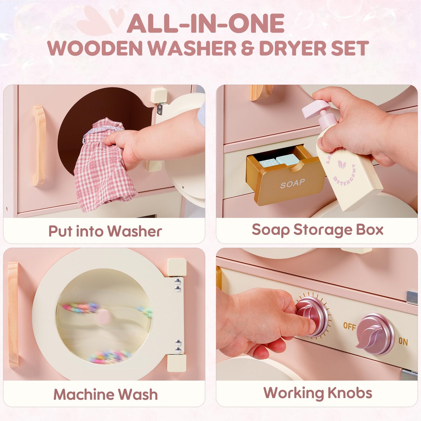 ROBOTIME Kids Washer and Dryer Playset – Wooden Laundry Pretend Play Set with Ironing, Color Beads Drum, Toy Washing Machine & Dryer Set for Toddlers Ages 3+, Gift for Boys and Girls